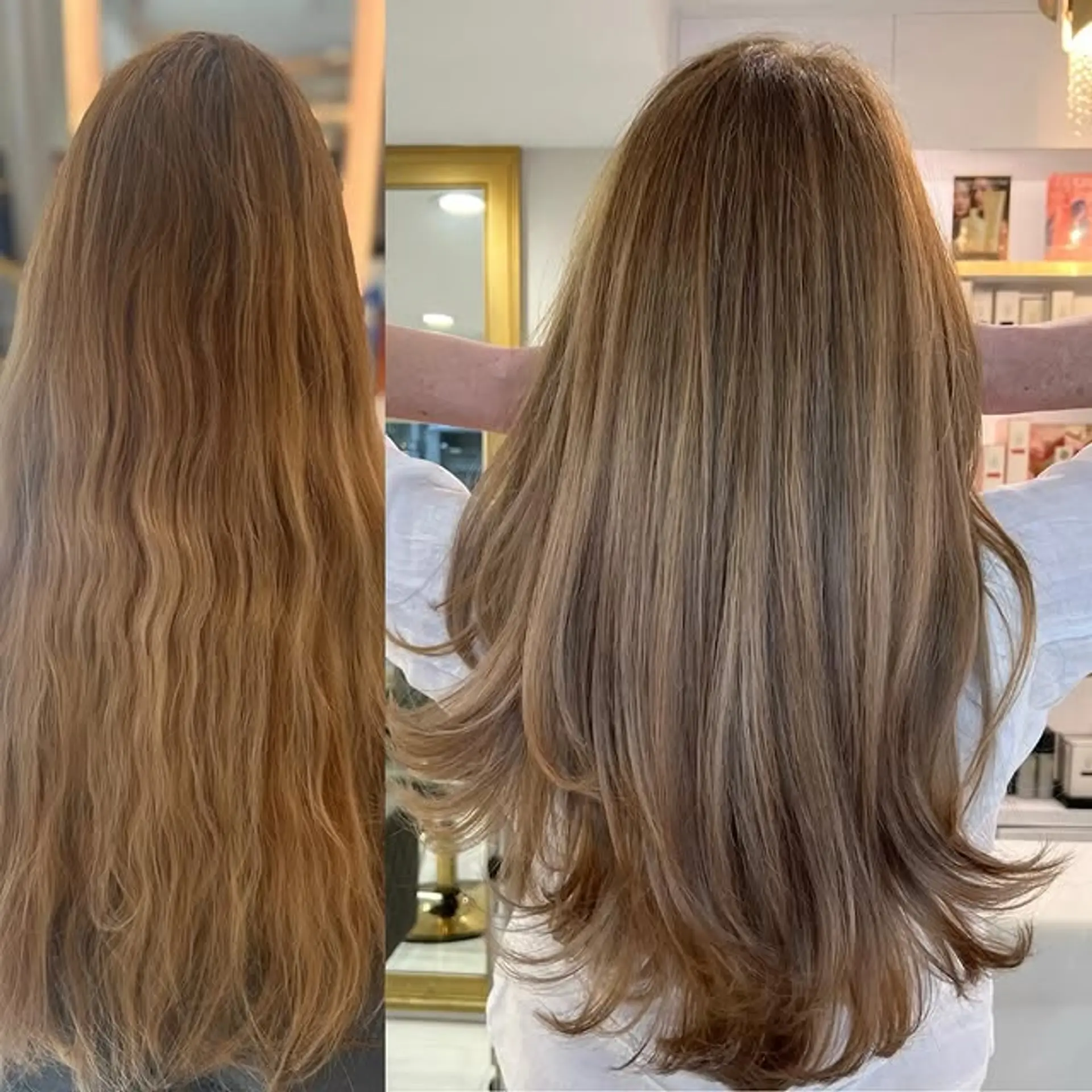 A layered haircut with golden blonde highlights, creating a dimensional and stylish look. 1