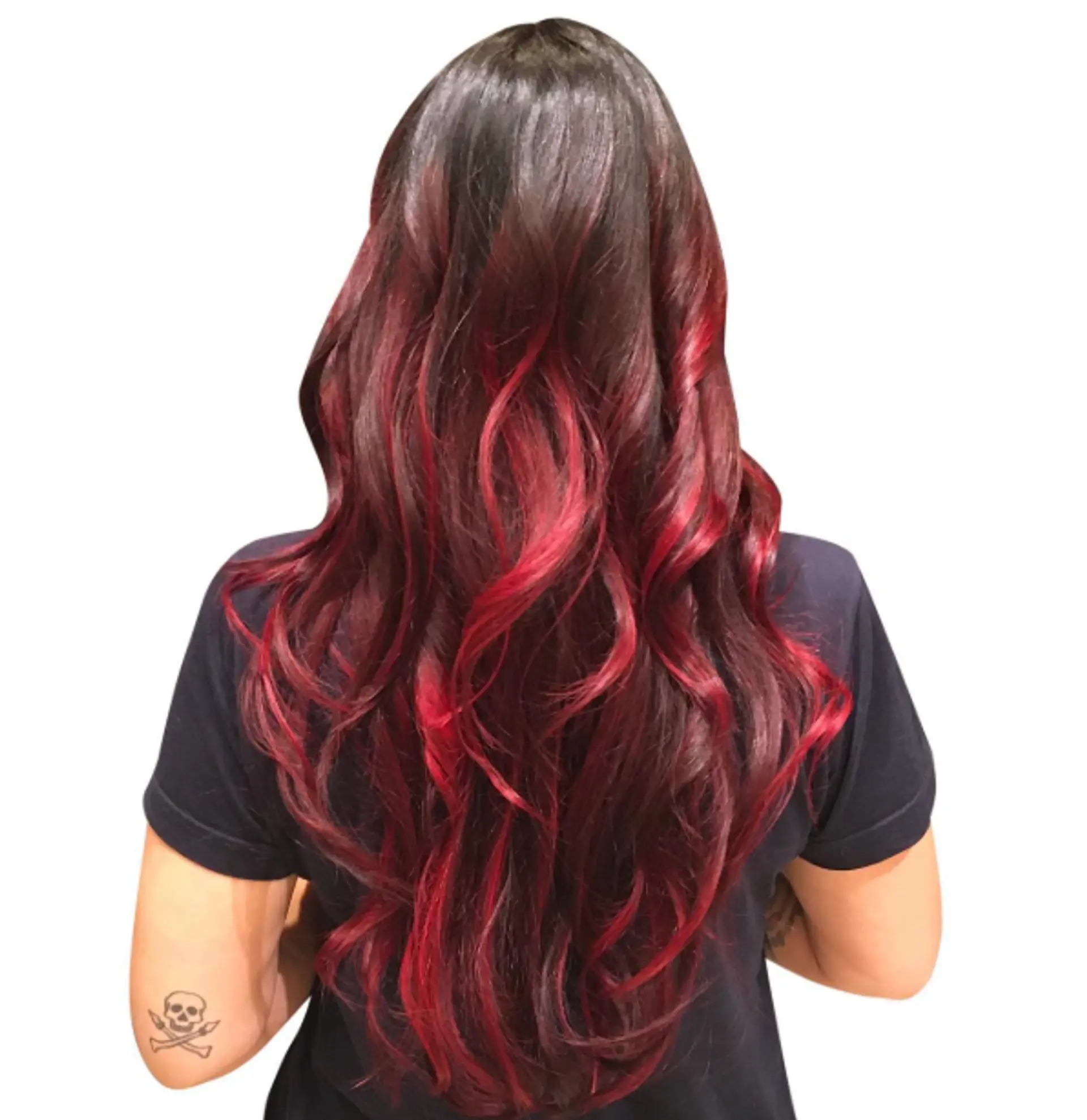 Long, wavy hair with a dark brown to red ombre. 1