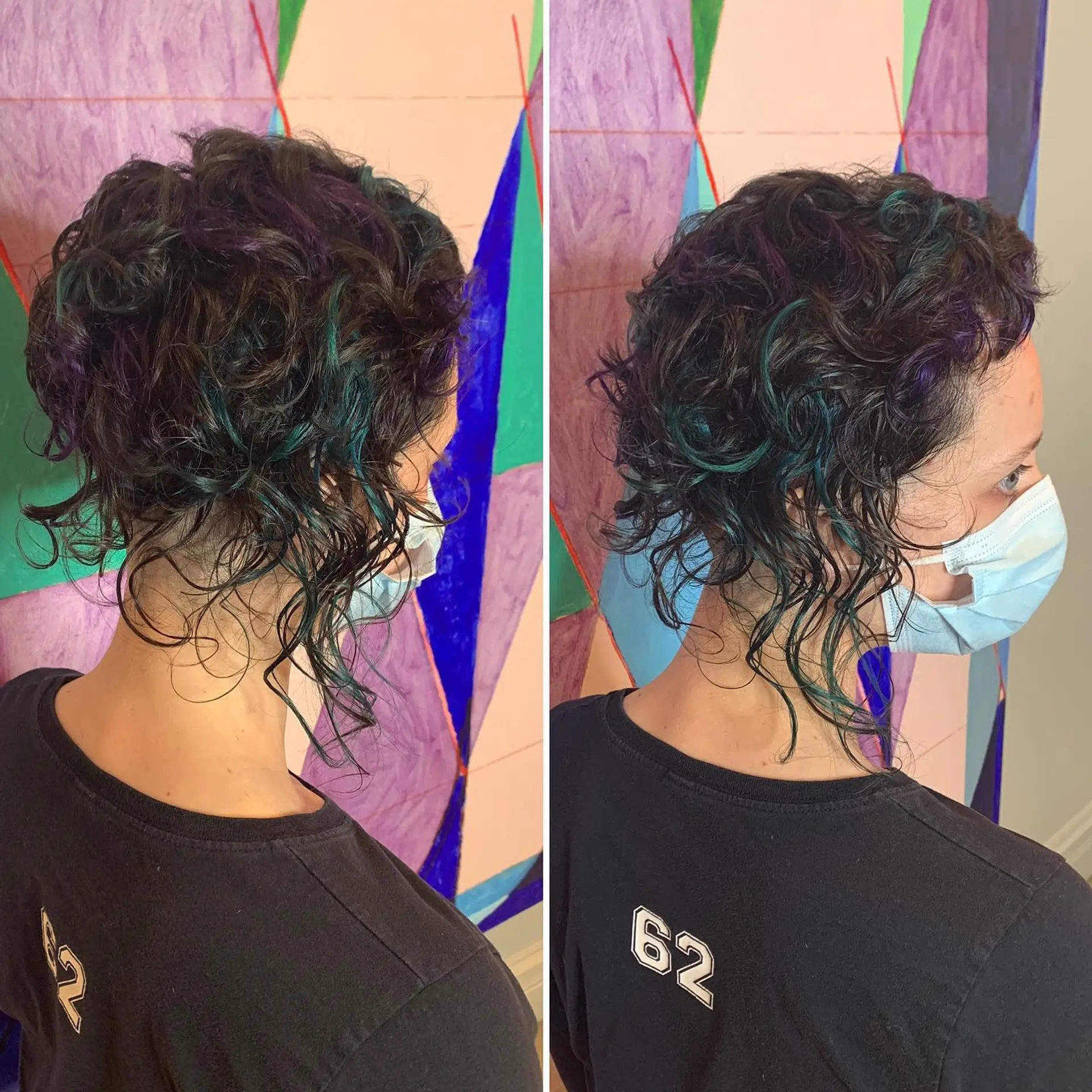 A short, textured pixie cut with fantasy color accents of green and purple. 1