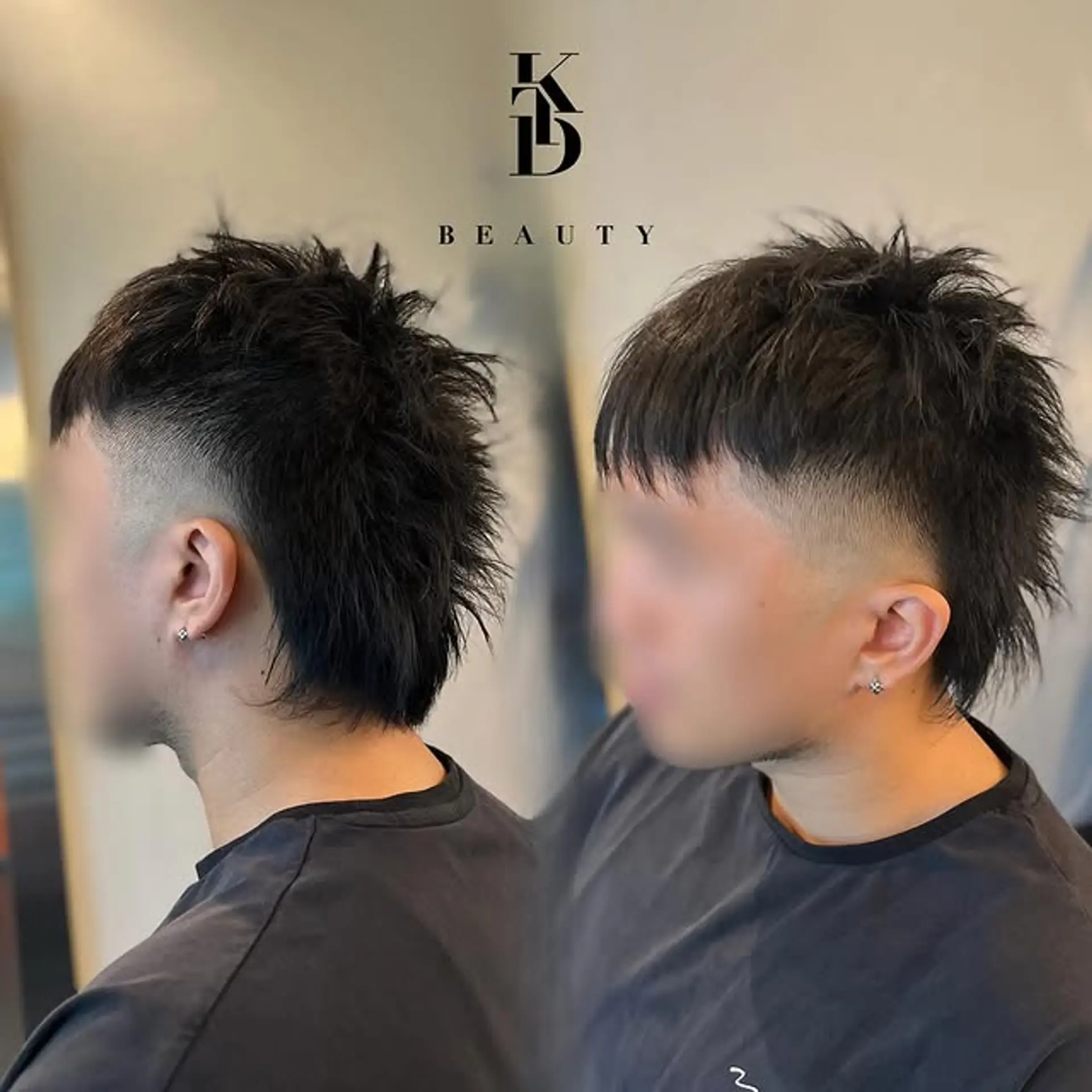 A modern mullet with a fade, featuring textured hair and a short fringe. 1