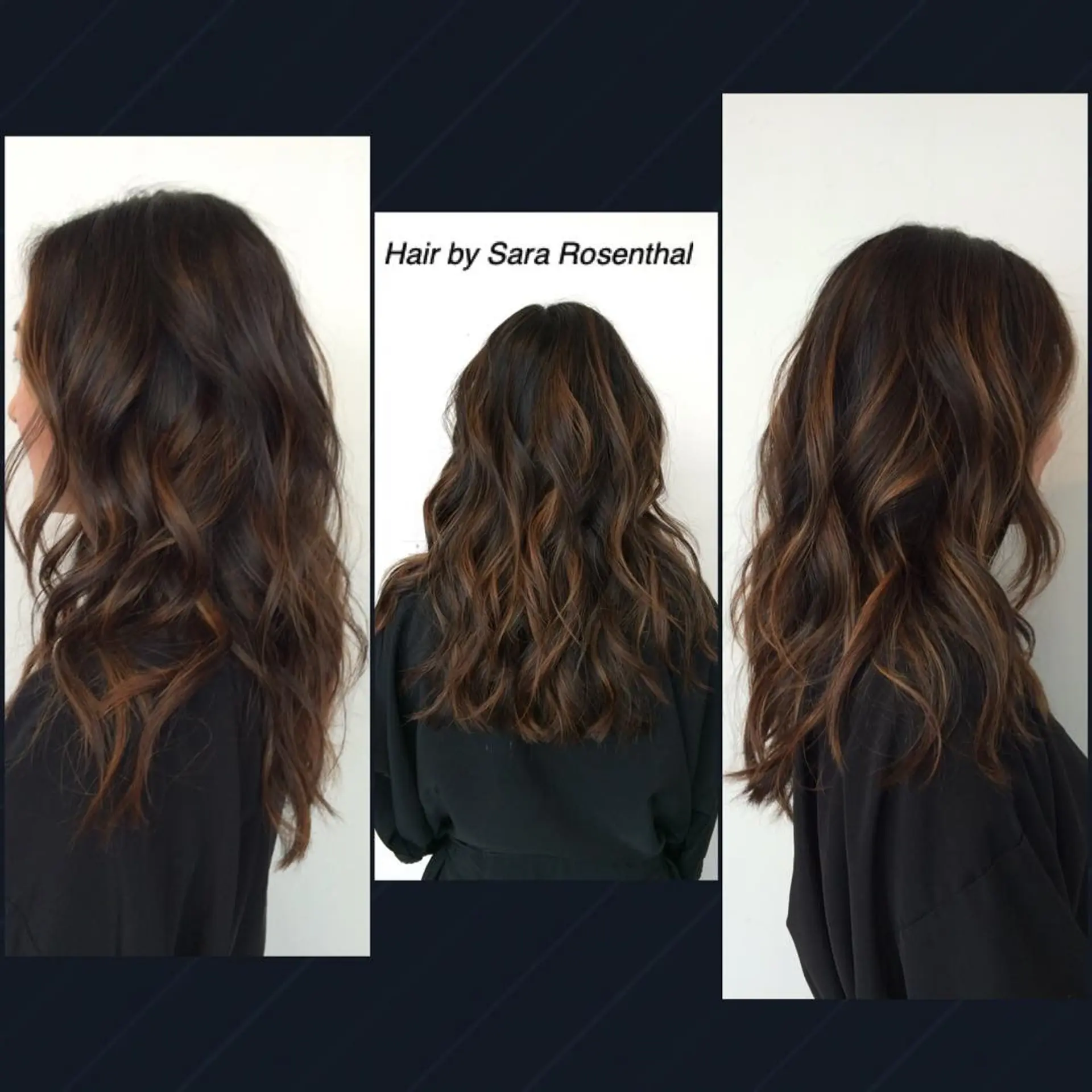 Long dark brown hair styled with loose, dimensional waves and warm caramel balayage highlights. 1