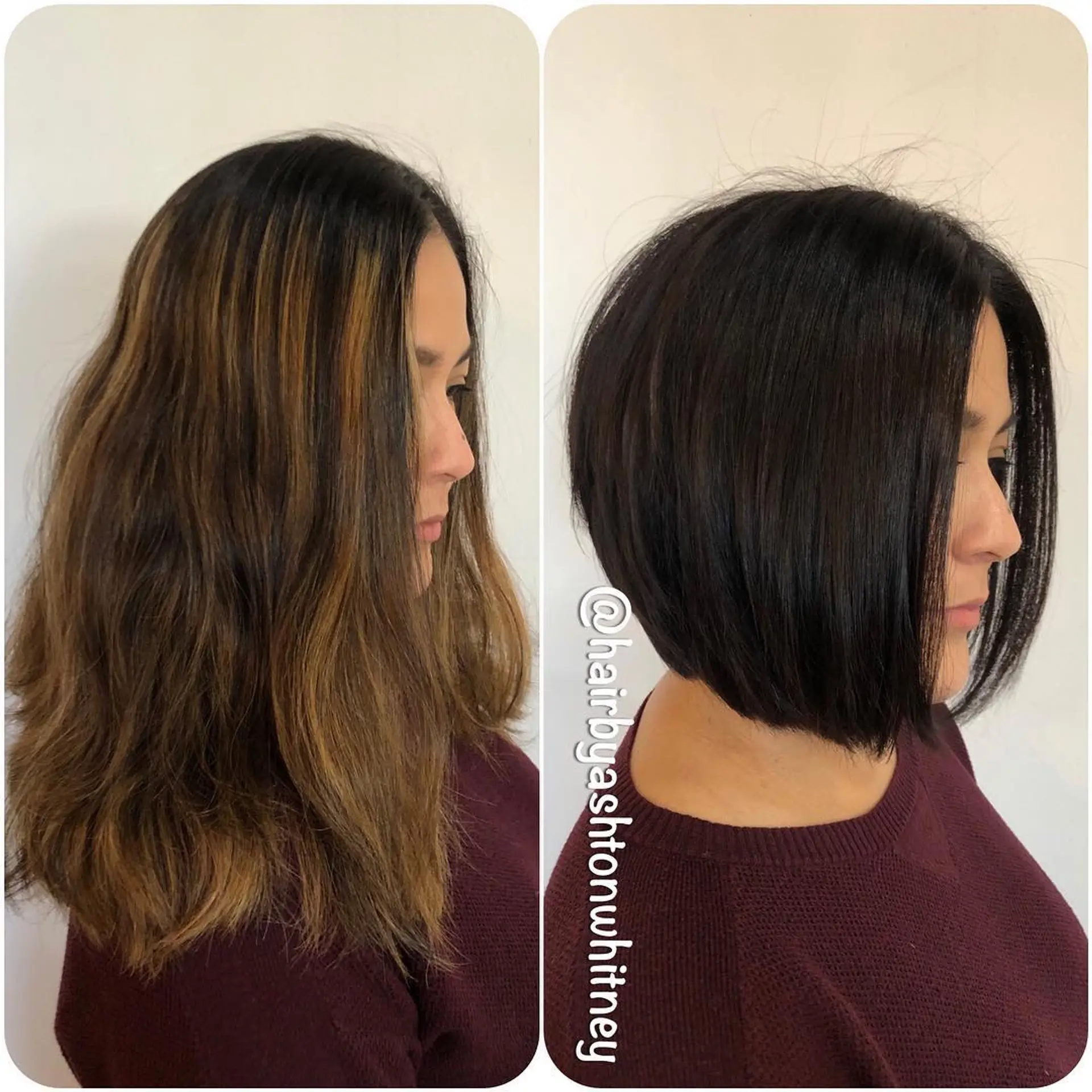 A sleek, chin-length blunt bob in deep espresso brown, transformed from shoulder-length highlighted hair. 1
