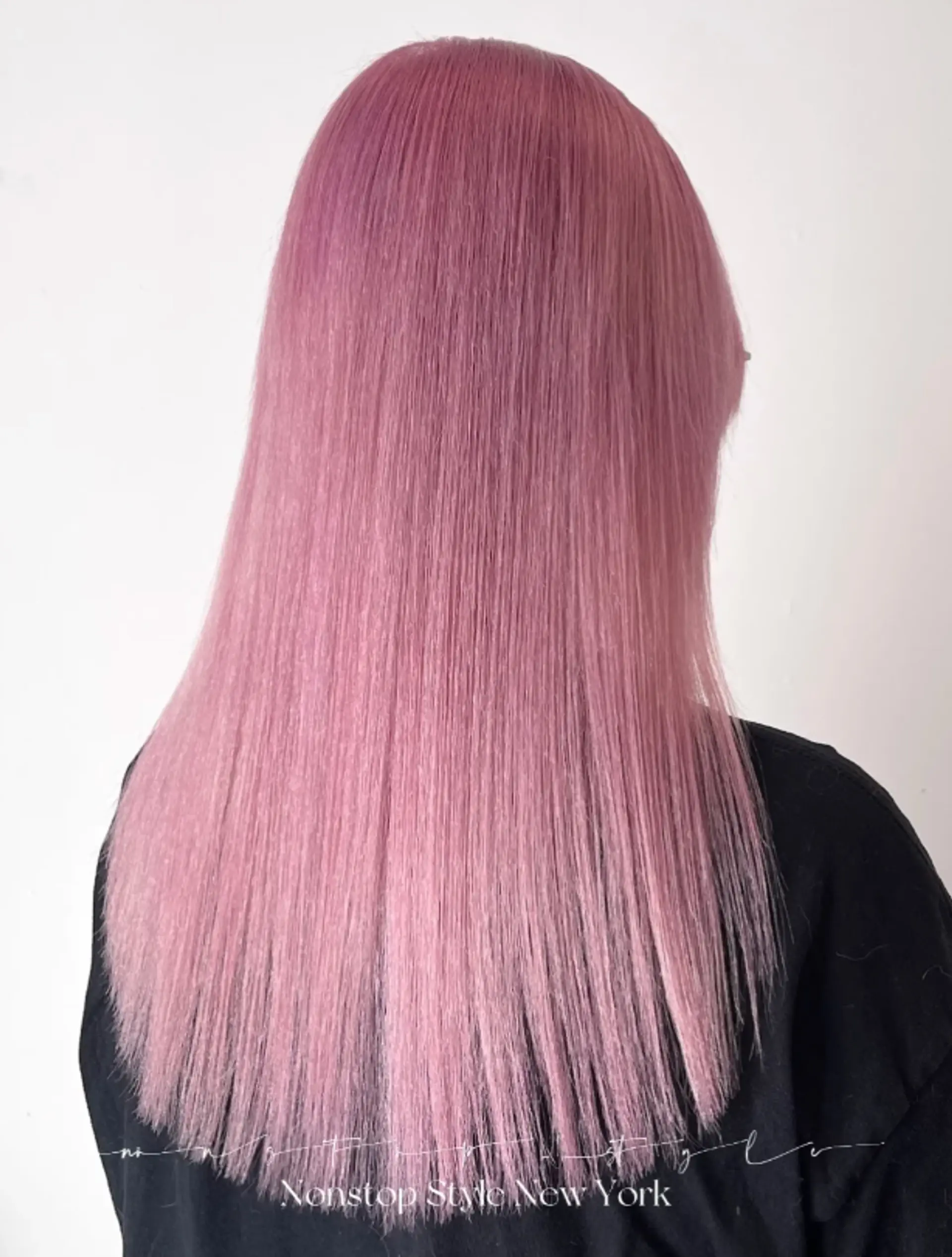 Long, straight, and sleek hair dyed in a pastel gradient from lavender to light pink, maintaining a smooth texture throughout.

(NonstopStyle: by Kelvin) 1