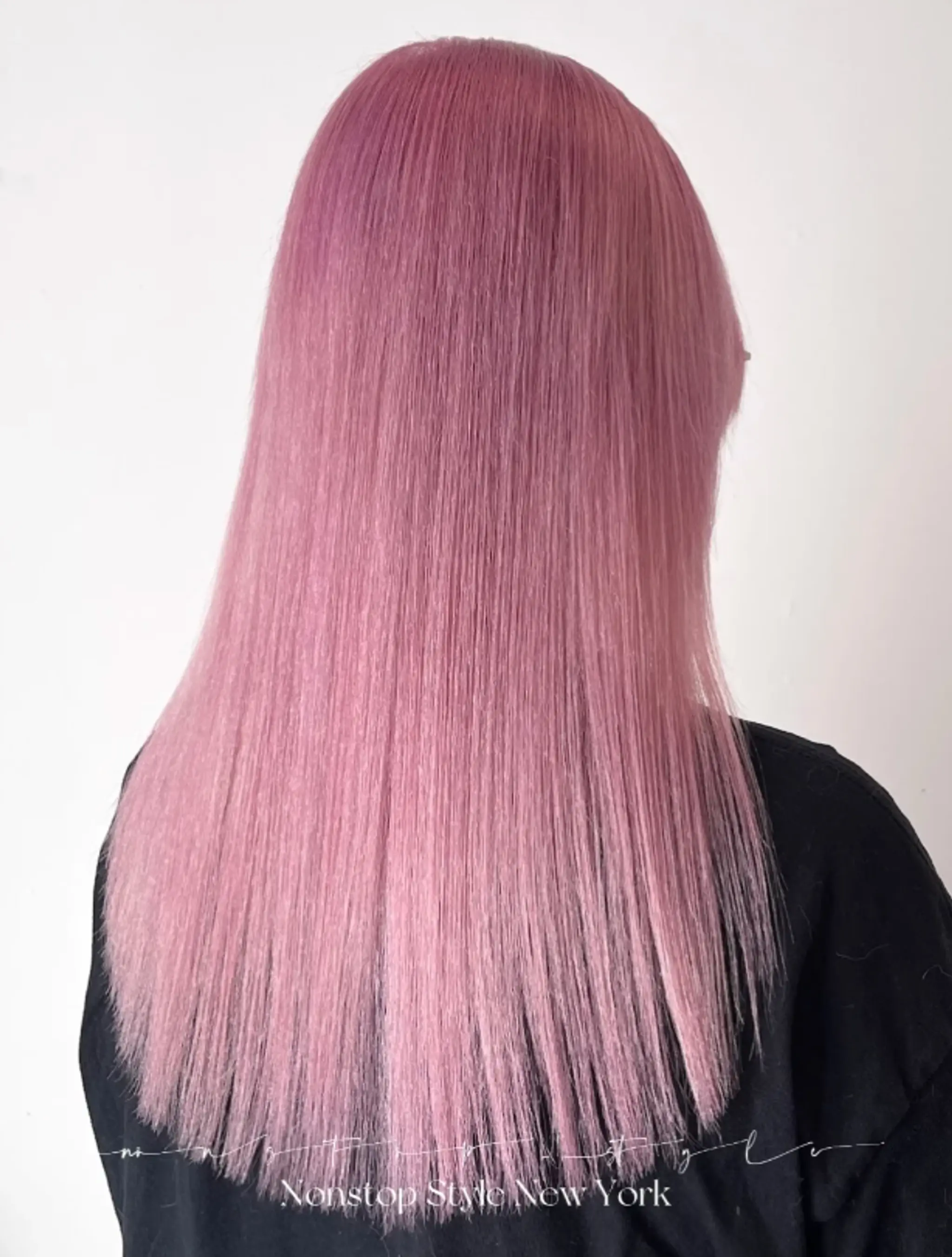 Long, straight, and sleek hair dyed in a pastel gradient from lavender to light pink, maintaining a smooth texture throughout.

(NonstopStyle: by Kelvin)