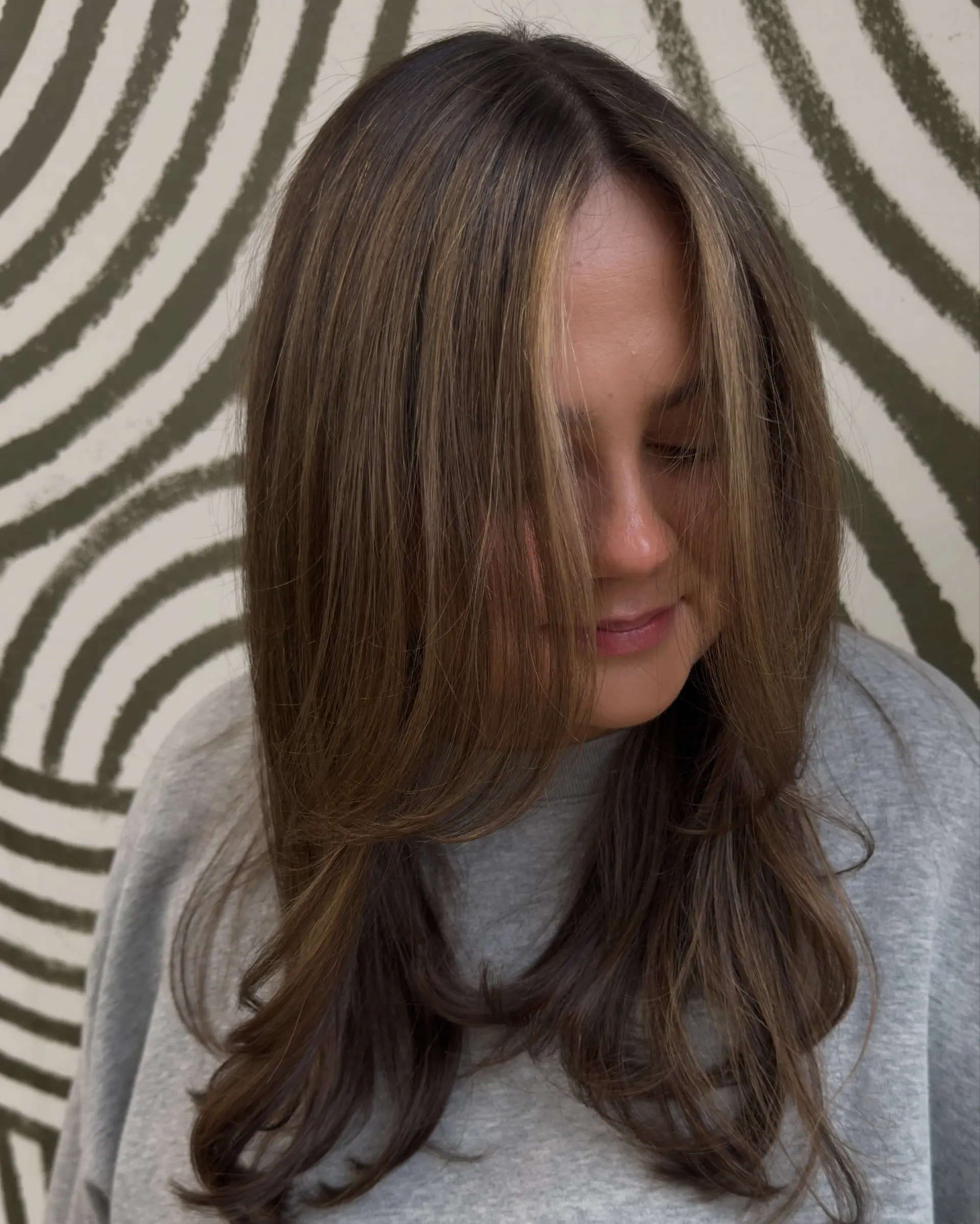 Long brunette hair styled with soft, face-framing layers and dimensional warm honey-toned highlights. 1