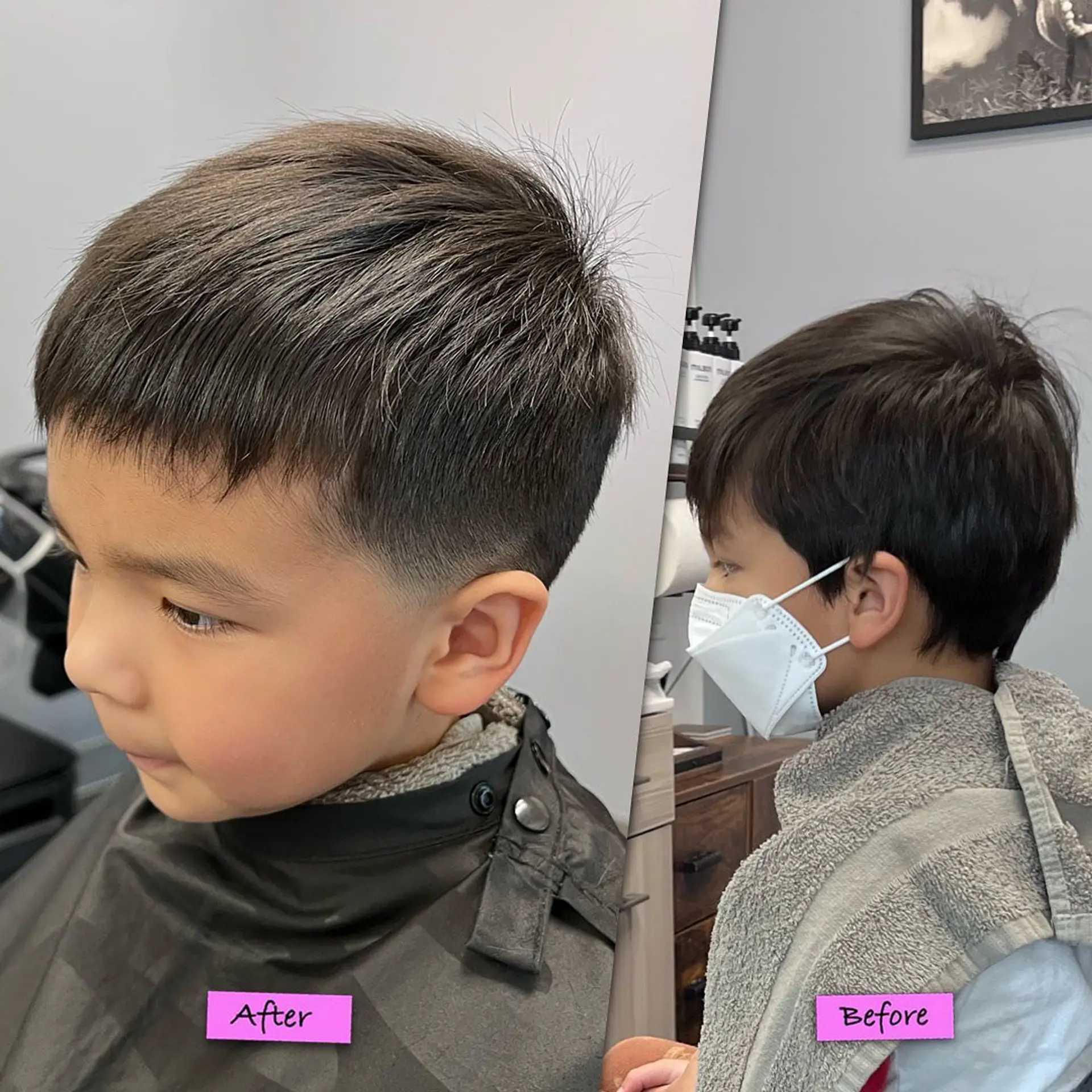 A clean kids' haircut featuring a softly textured crop top and a neat low taper fade around the ears and neckline. 1