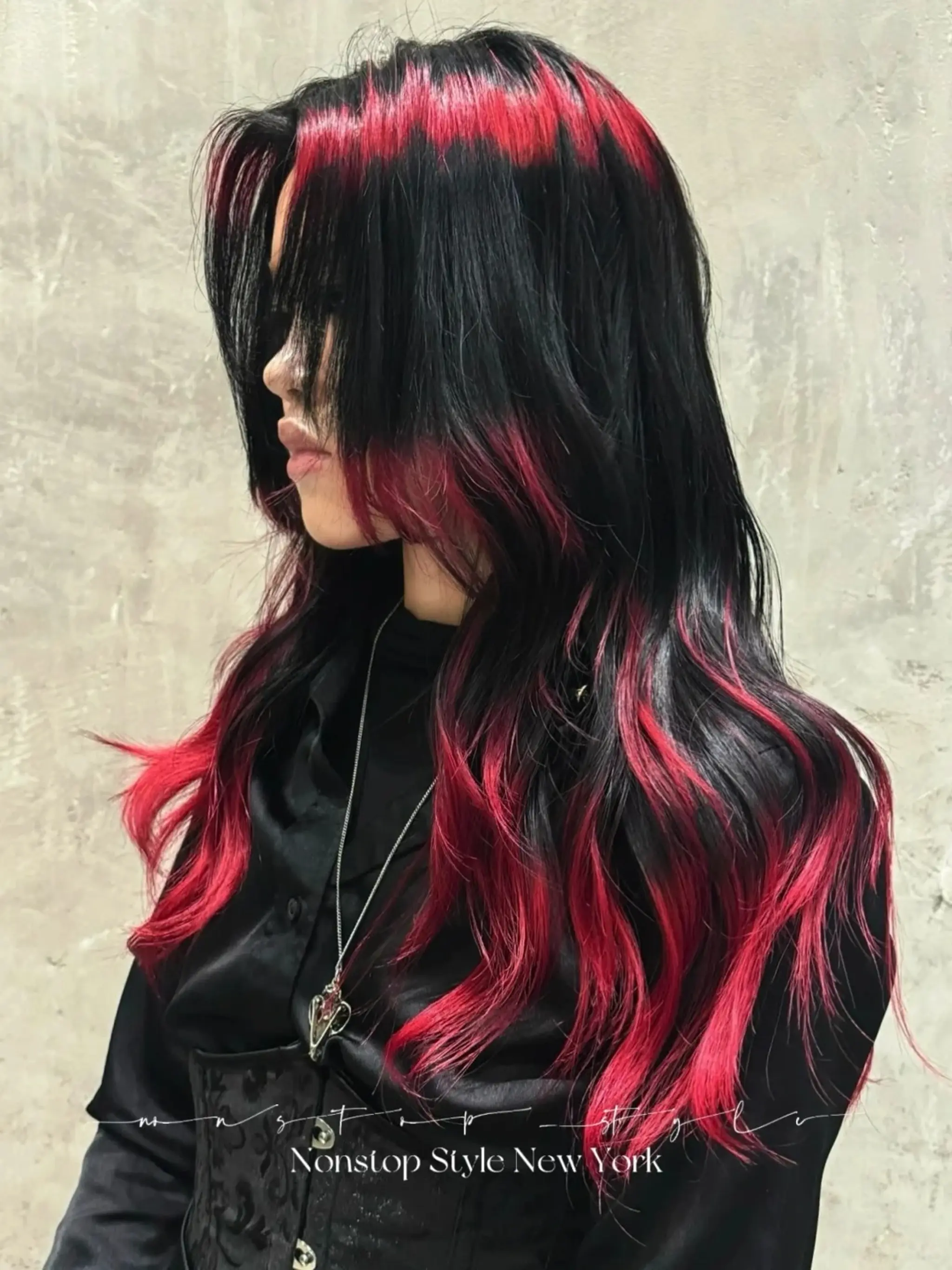 Long, wavy hair with a black to red ombre effect, featuring layers for added movement and dimension.

(NonStopStyle: by Wendy)