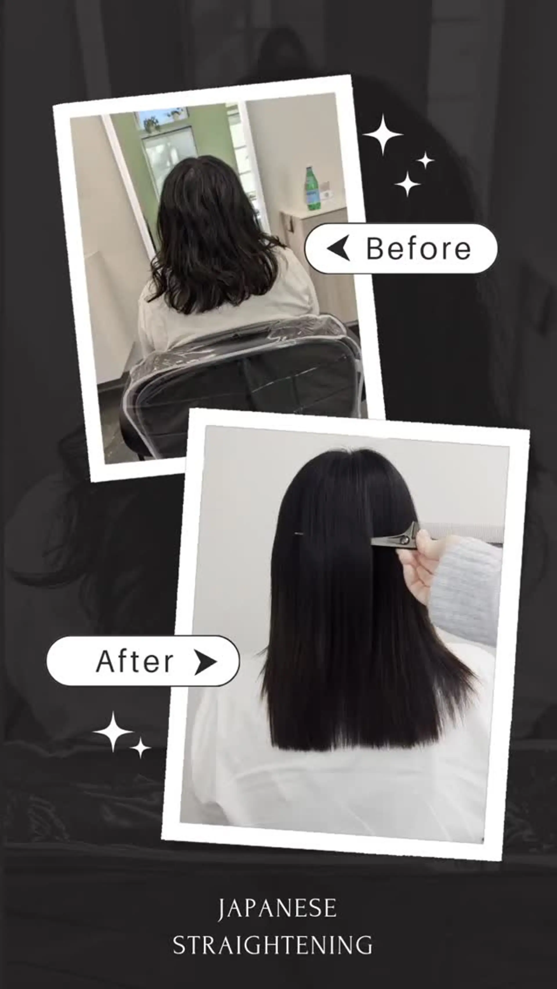 Sleek, ultra-smooth pin-straight medium-length dark hair with a clean blunt perimeter. 1