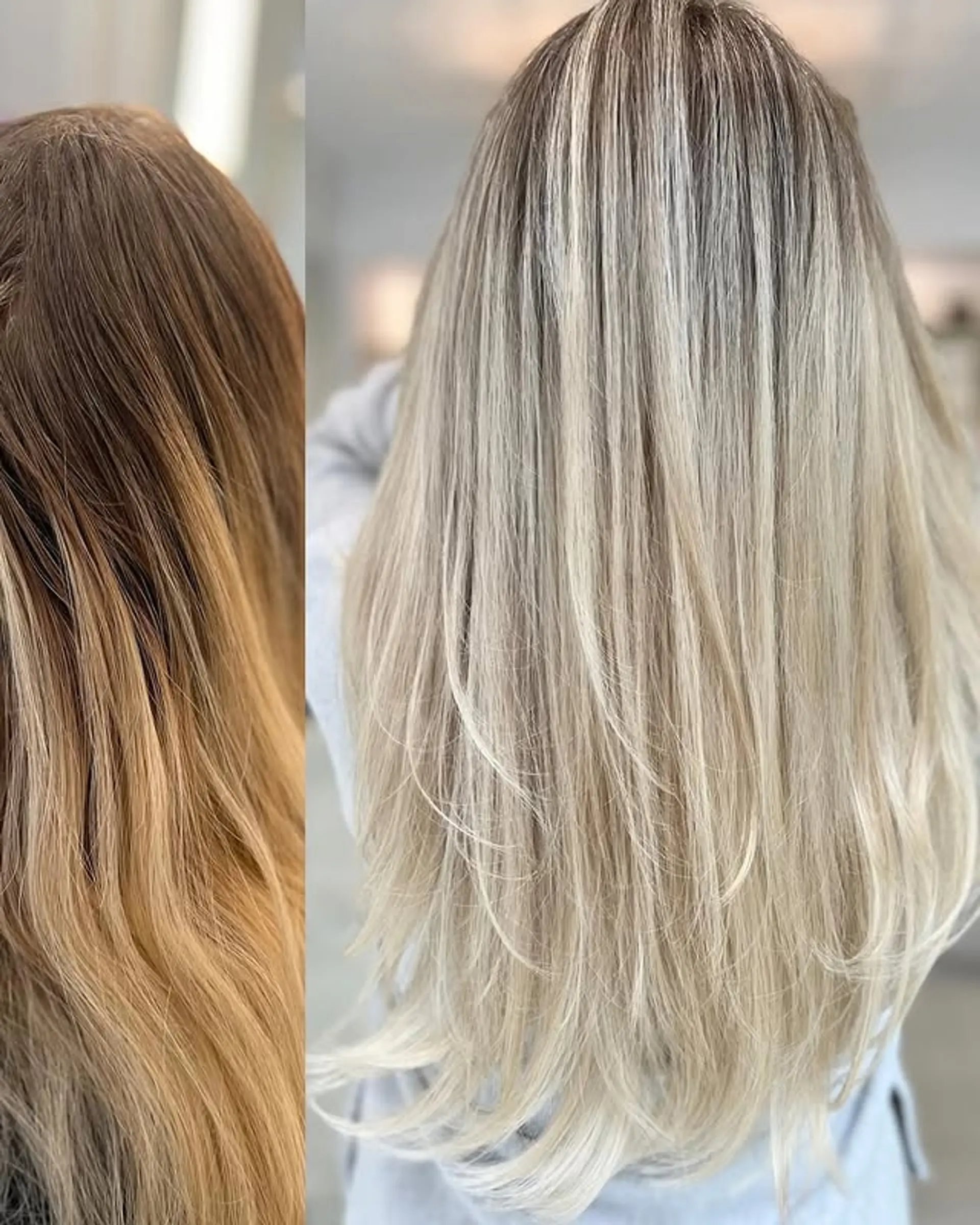Long layered hairstyle with an icy blonde balayage. 1