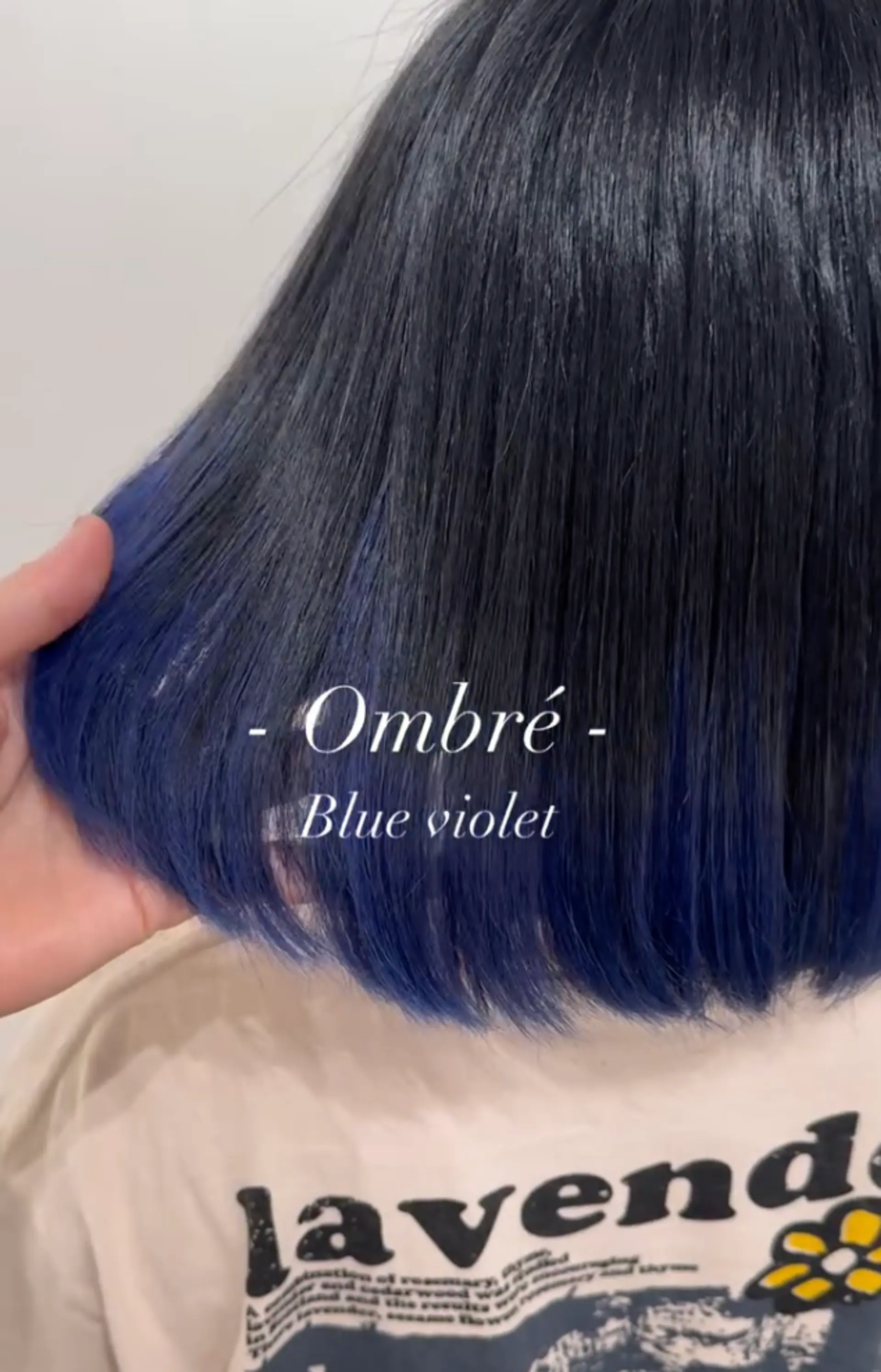 A sleek, medium-length hairstyle with a black to blue violet ombre effect and a blunt cut. 1
