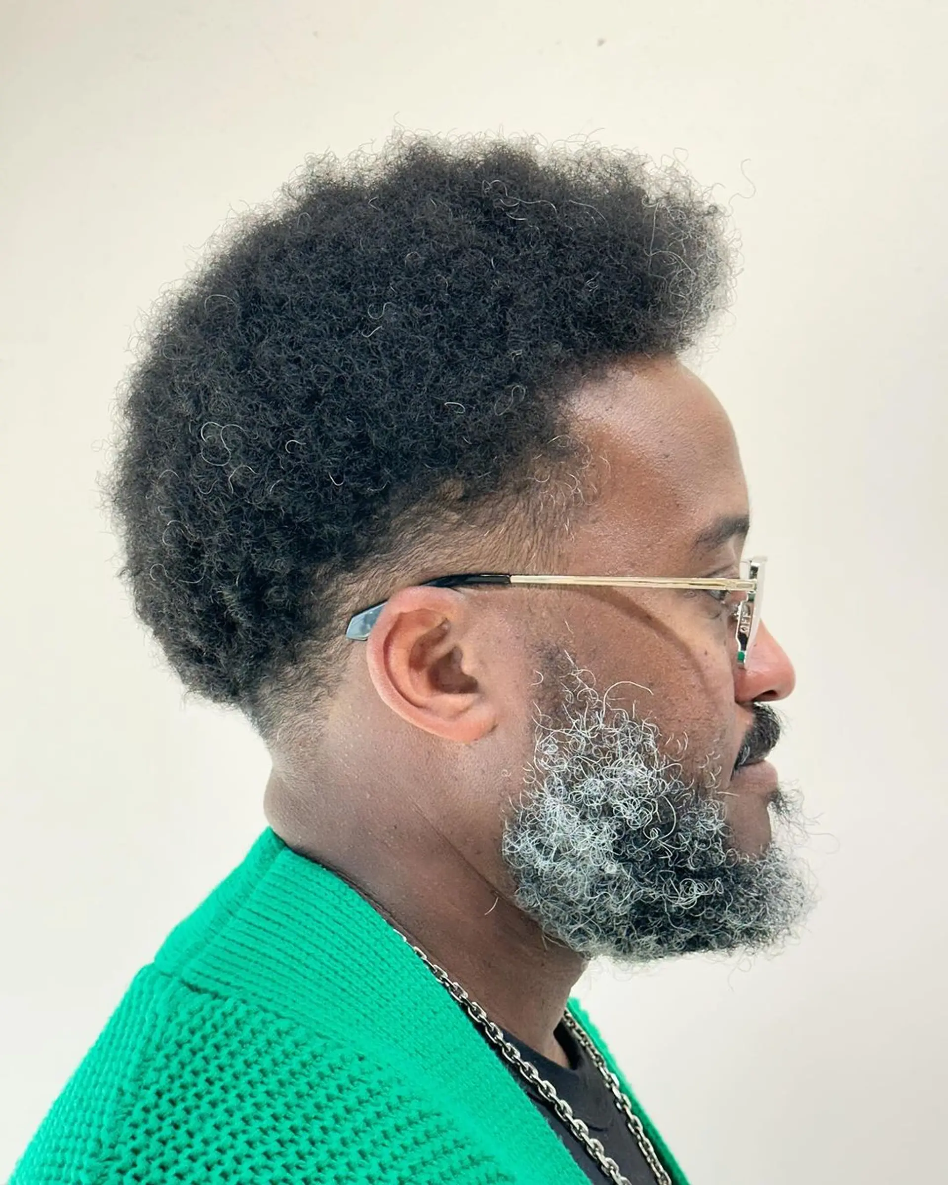 A coiled, tapered hairstyle with short sides and voluminous top in black, accented by a grey frosted hue. The beard displays a smooth grey gradient. 1