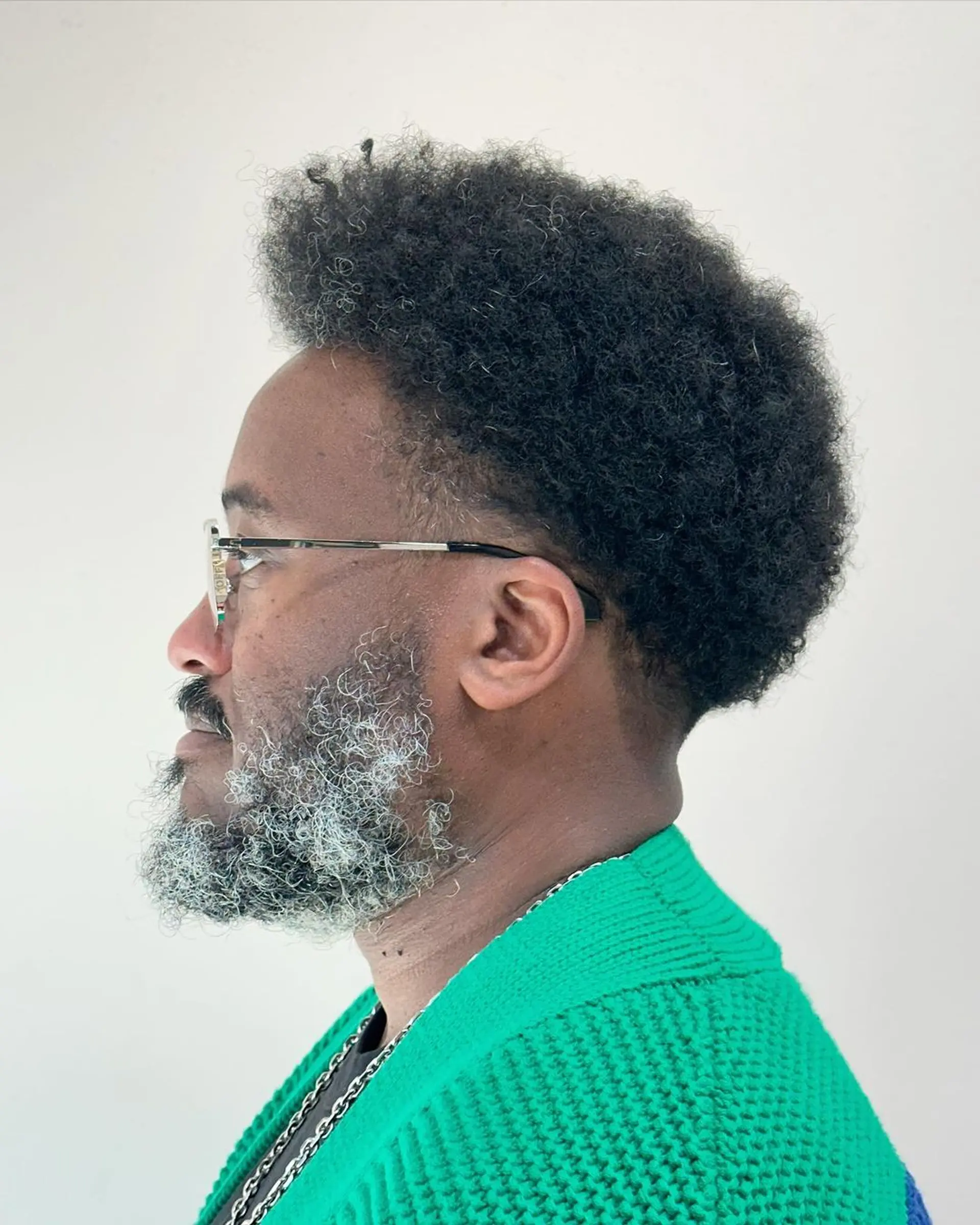 A coiled, tapered hairstyle with short sides and voluminous top in black, accented by a grey frosted hue. The beard displays a smooth grey gradient. 2