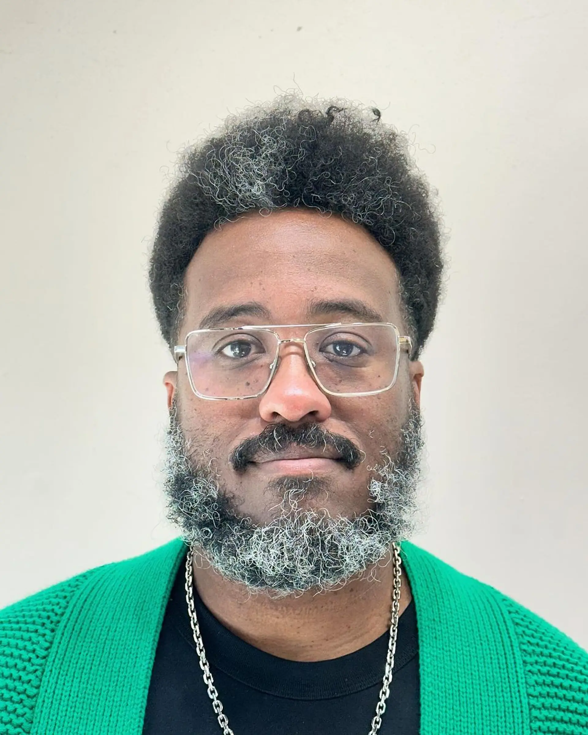 A coiled, tapered hairstyle with short sides and voluminous top in black, accented by a grey frosted hue. The beard displays a smooth grey gradient. 3