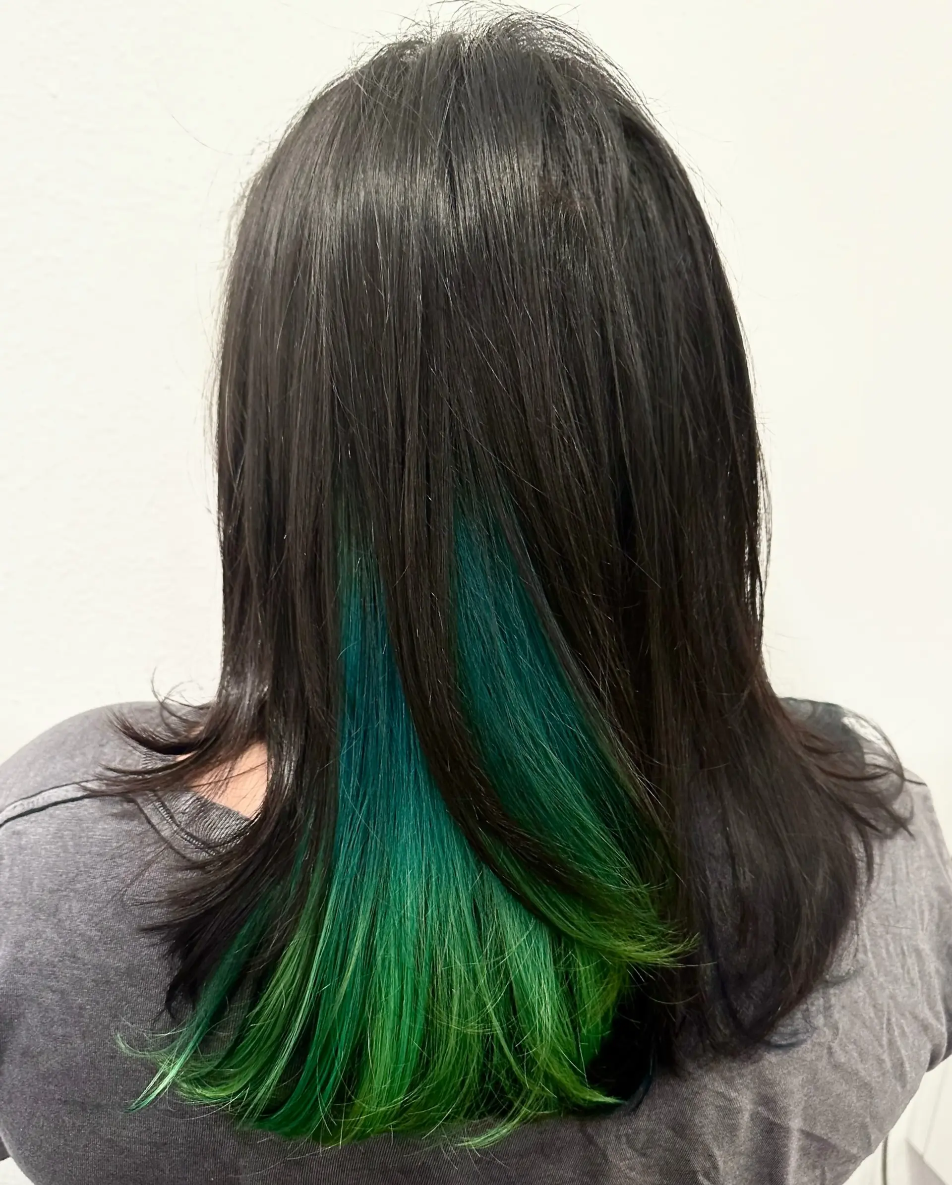 Medium-length dark hair styled straight with a hidden peekaboo panel of vivid teal and emerald green underlights. 1