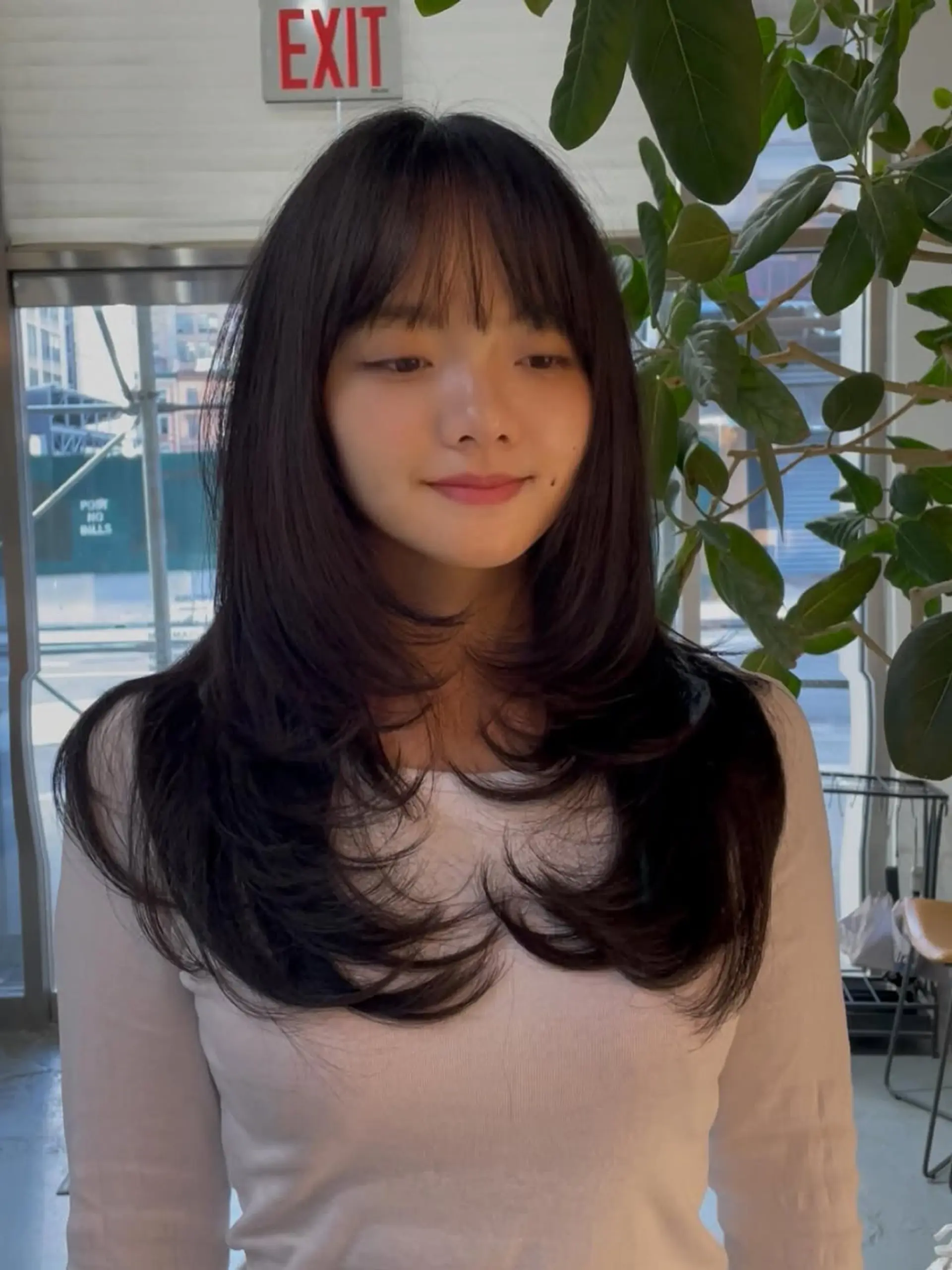 A trendy, long-layered hairstyle characterized by voluminous, face-framing sections that create a butterfly-wing effect, paired with light, airy see-through fringe bangs. 1