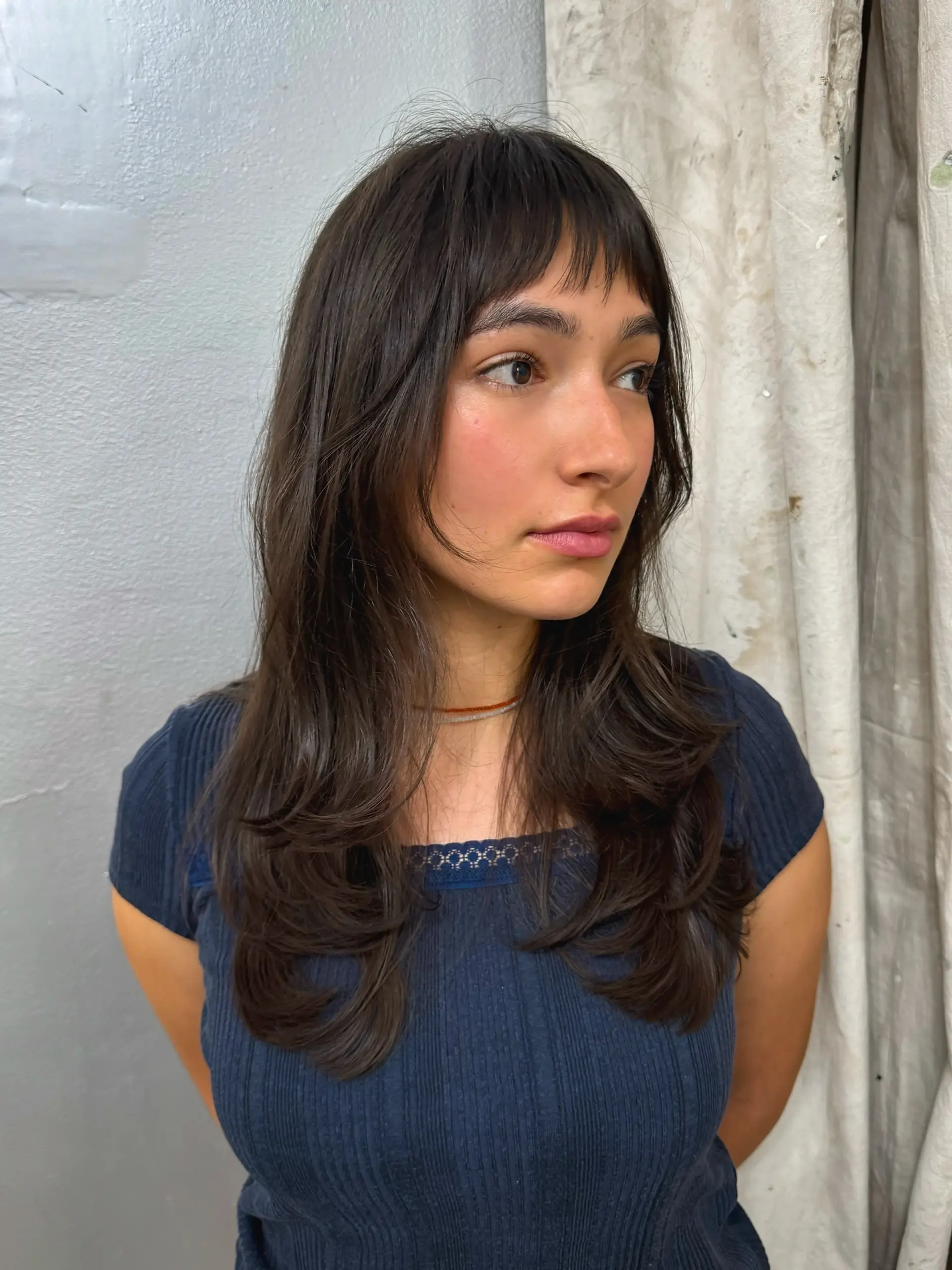 A layered medium-length shag with eyebrow-length bangs. 1