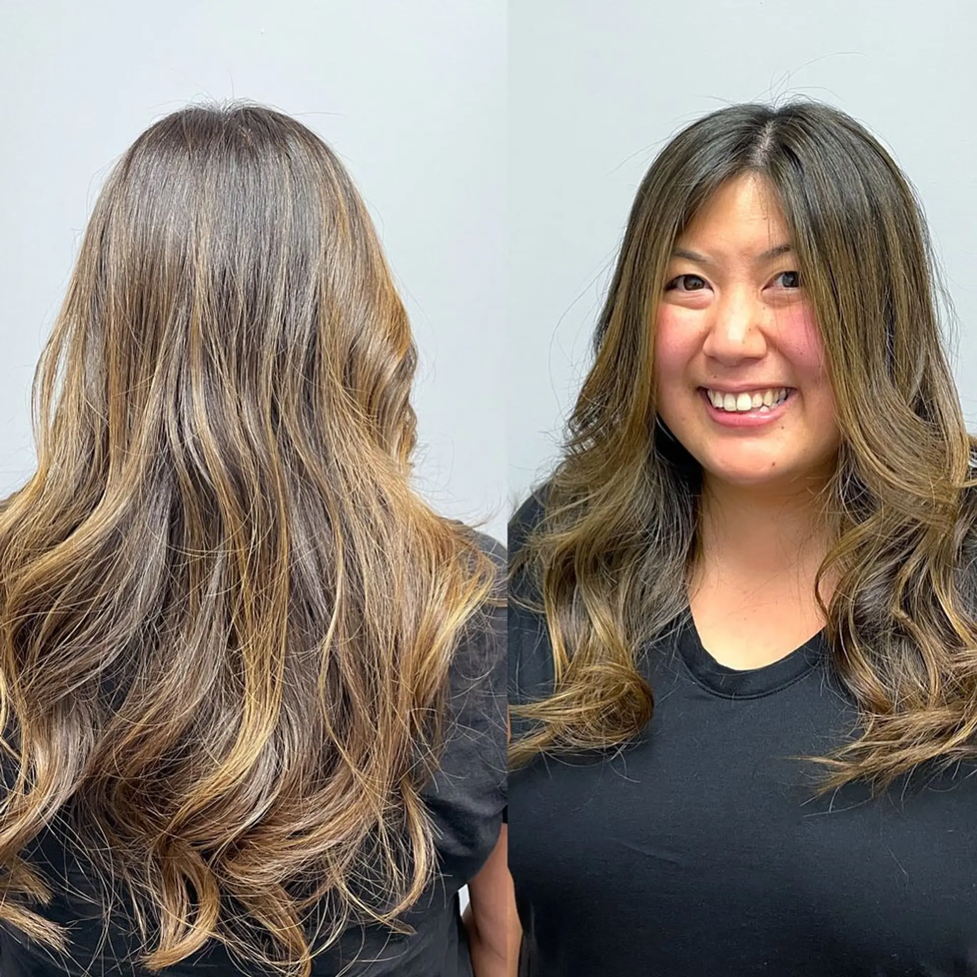 Long brunette hair styled in loose waves featuring multidimensional ash blonde balayage highlights. 1