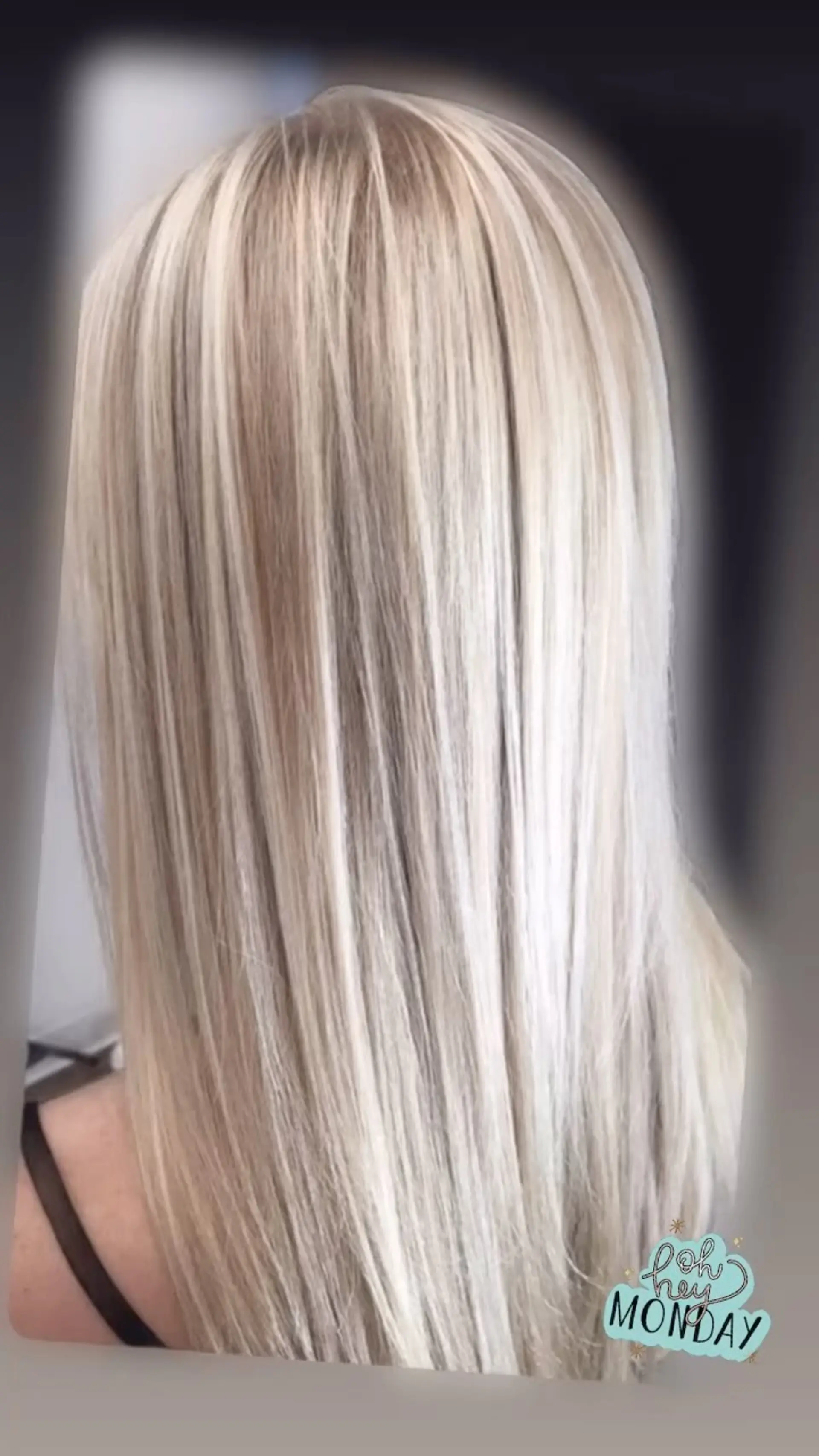 Straight, long hair featuring seamless platinum and ash blonde highlights with a smooth, sleek finish. 1
