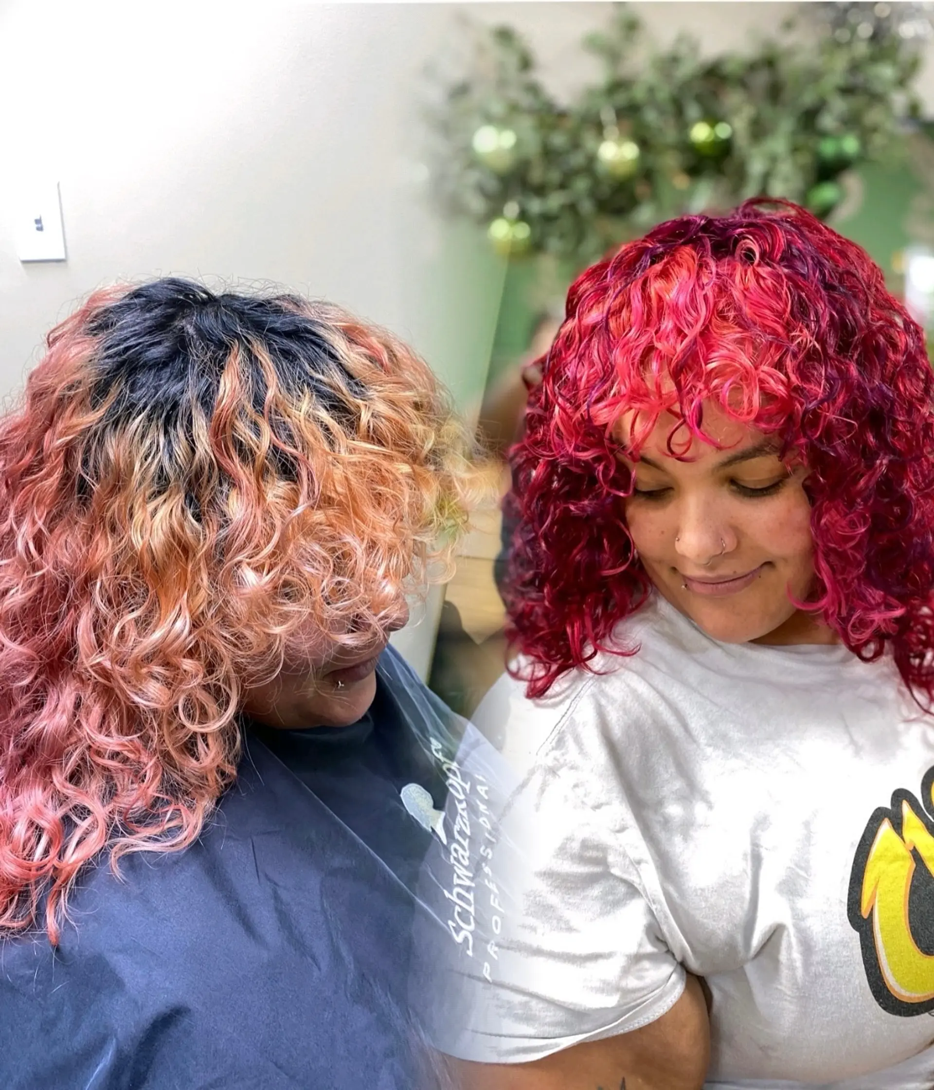 A vibrant magenta curly cut styled with defined ringlets and face-framing curly bangs. 1
