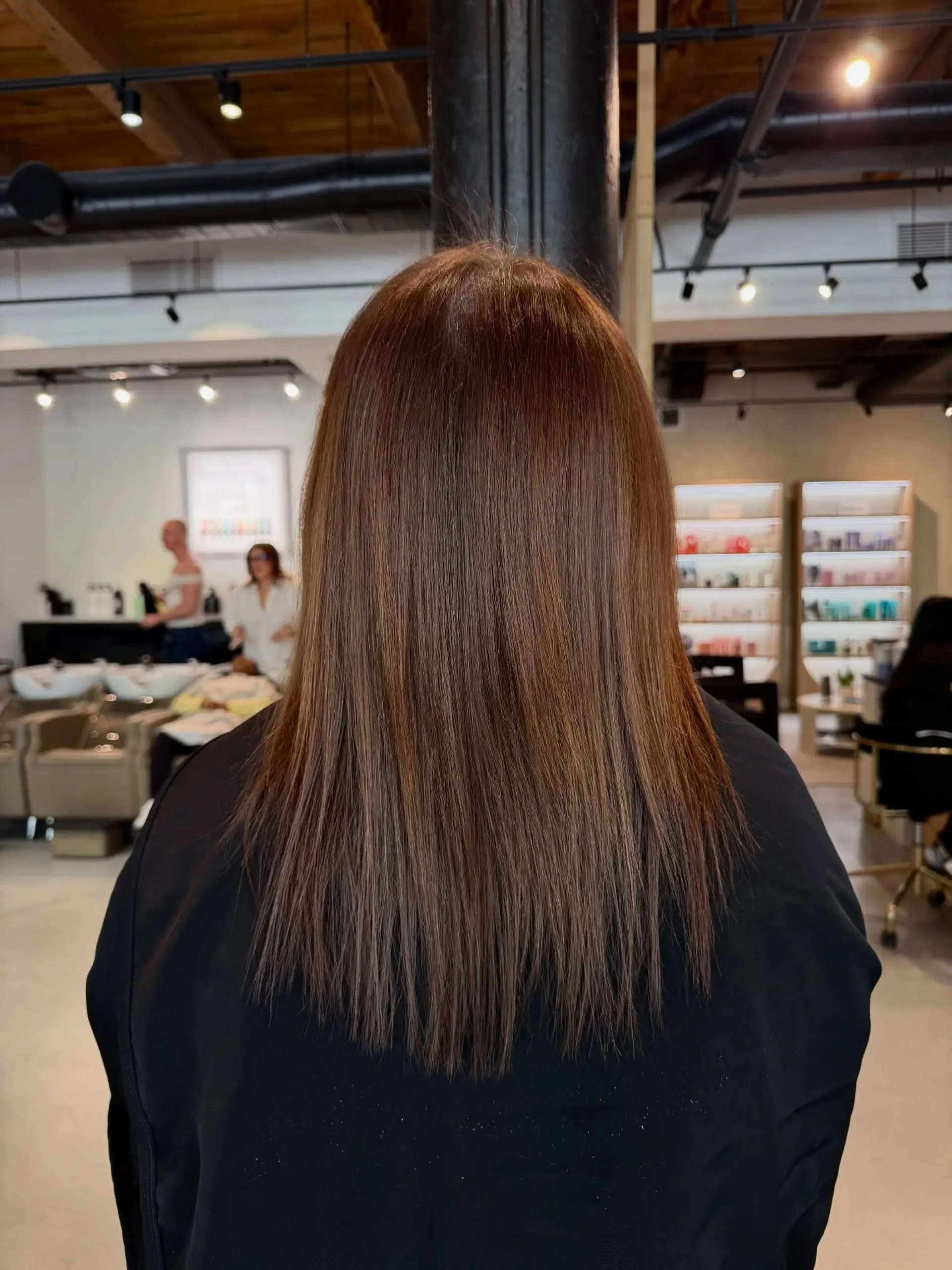 Sleek, straight long hair featuring a warm chestnut brown tone with subtle dimension. 1