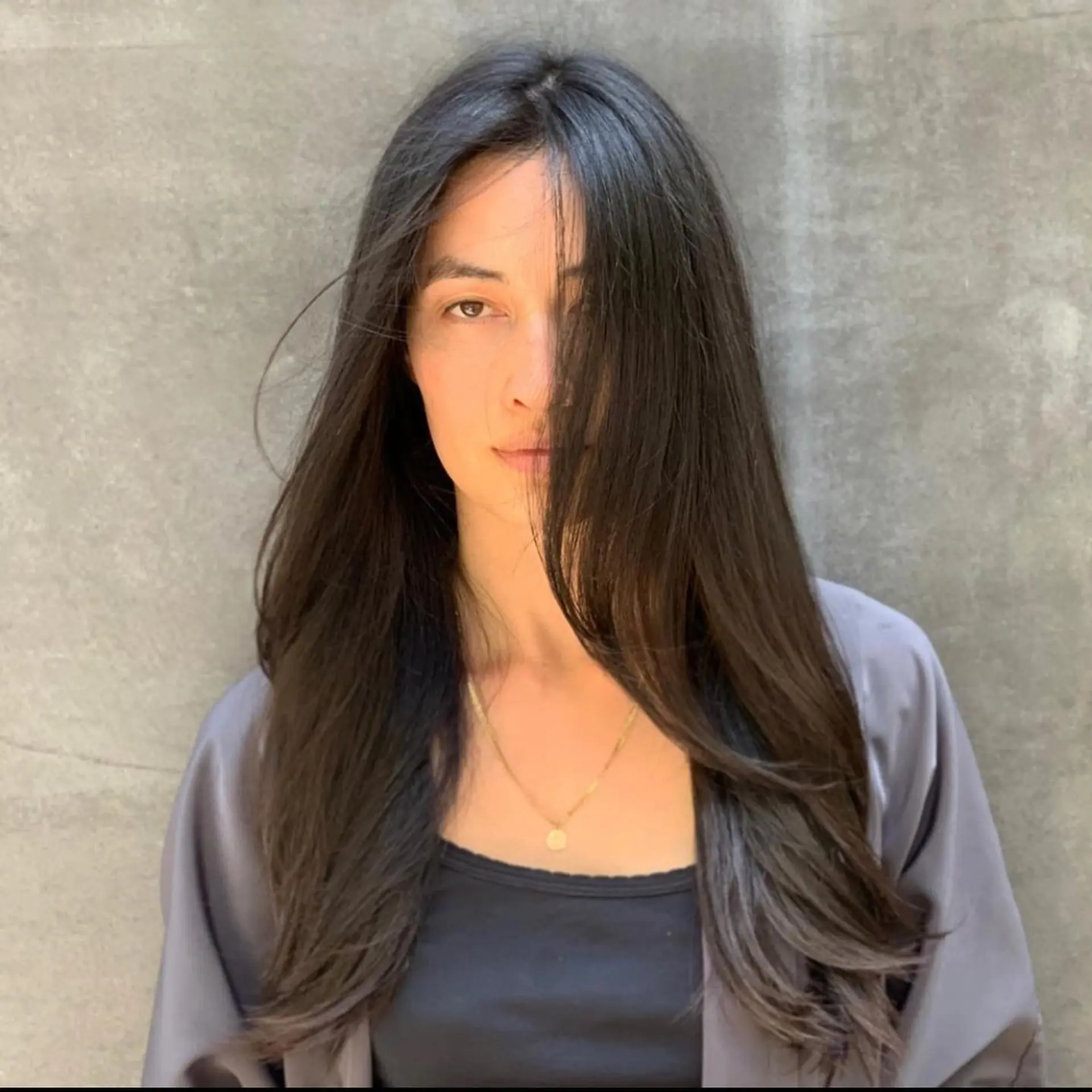 Long, dark brunette hair styled smooth with gentle face-framing layers. 1