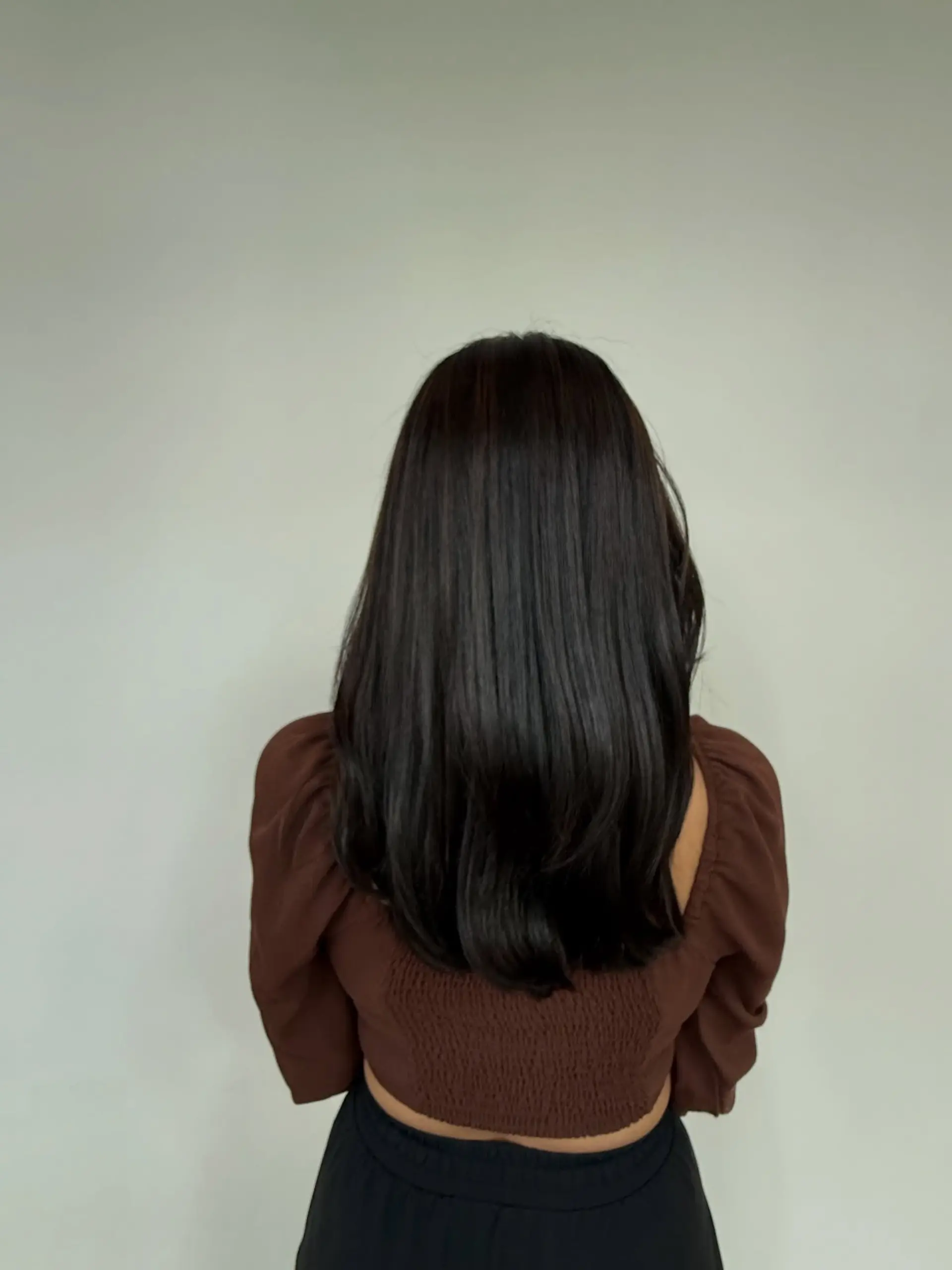 Long, silky dark brown hair styled straight and smooth with soft internal movement at the ends. 1