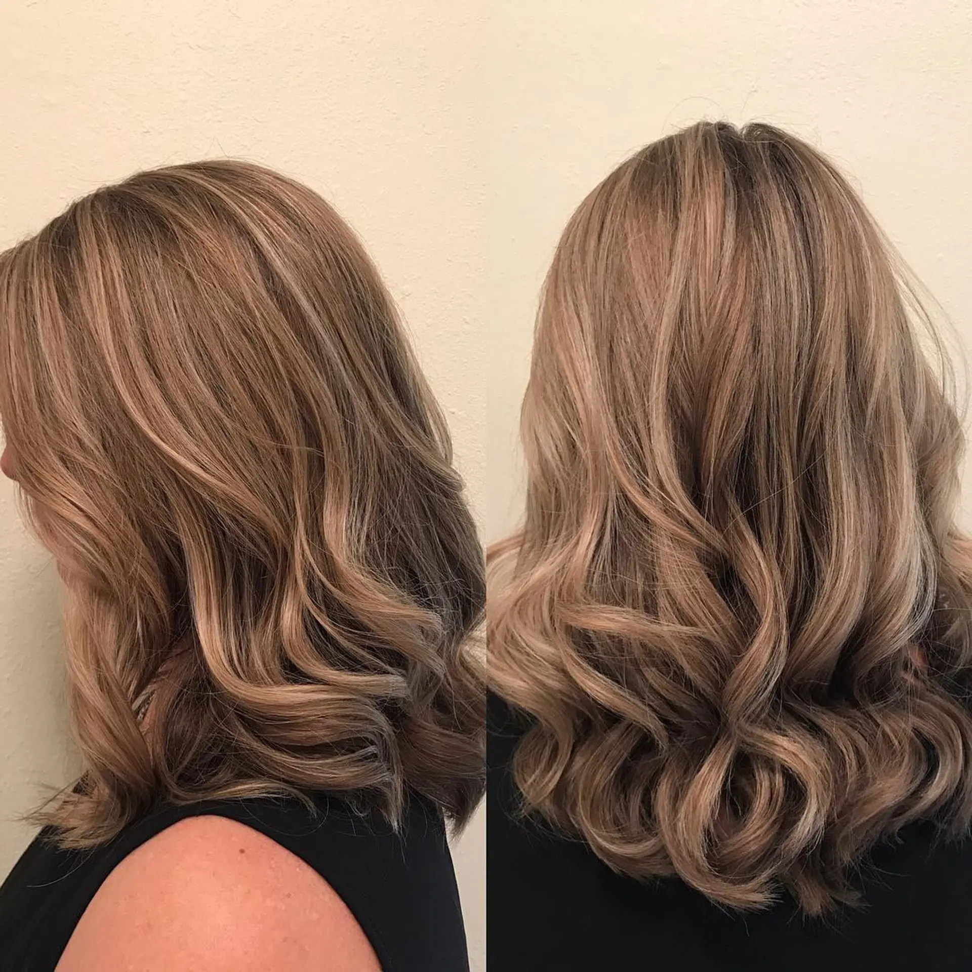 Medium-length textured lob with loose, curling ends featuring cool beige blonde balayage highlights. 1