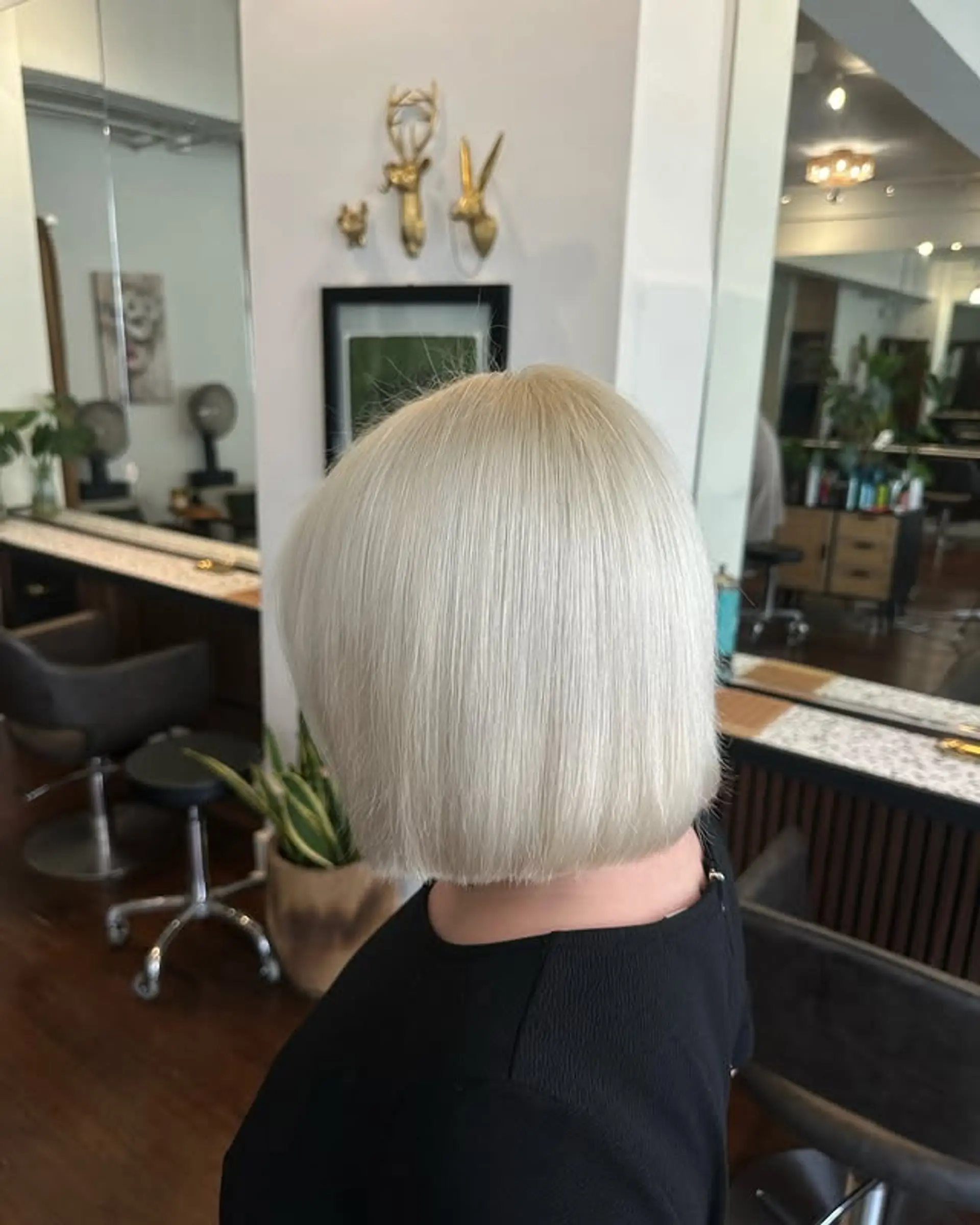 A short, blunt bob with a sharp, even cut all around. The hair is styled straight and smooth, creating a sleek and modern look. 1