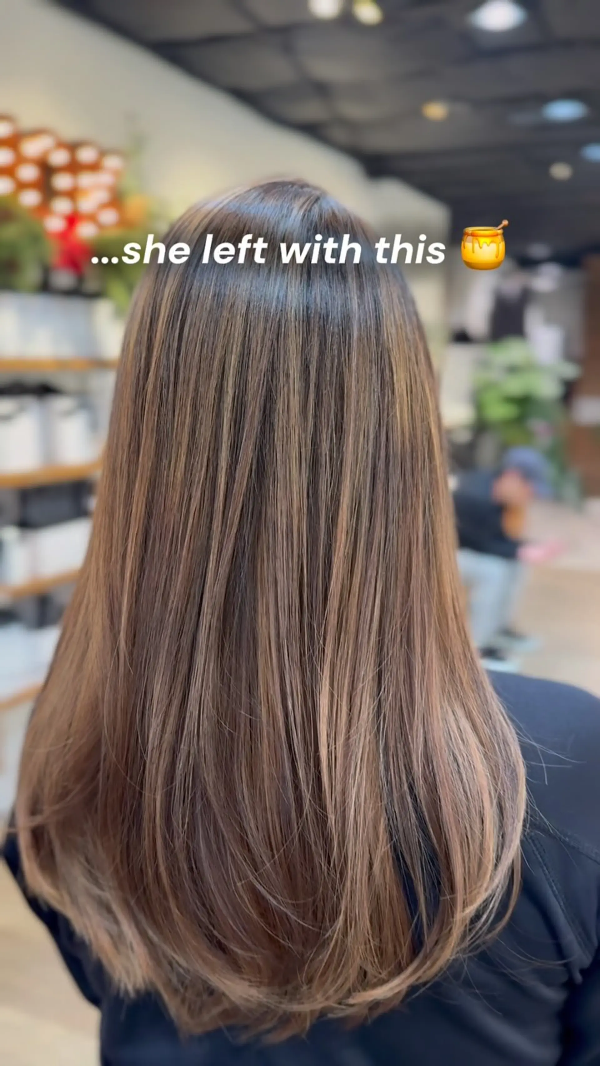 Long straight hair with fine caramel and honey balayage highlights, styled smooth with softly beveled ends. 1