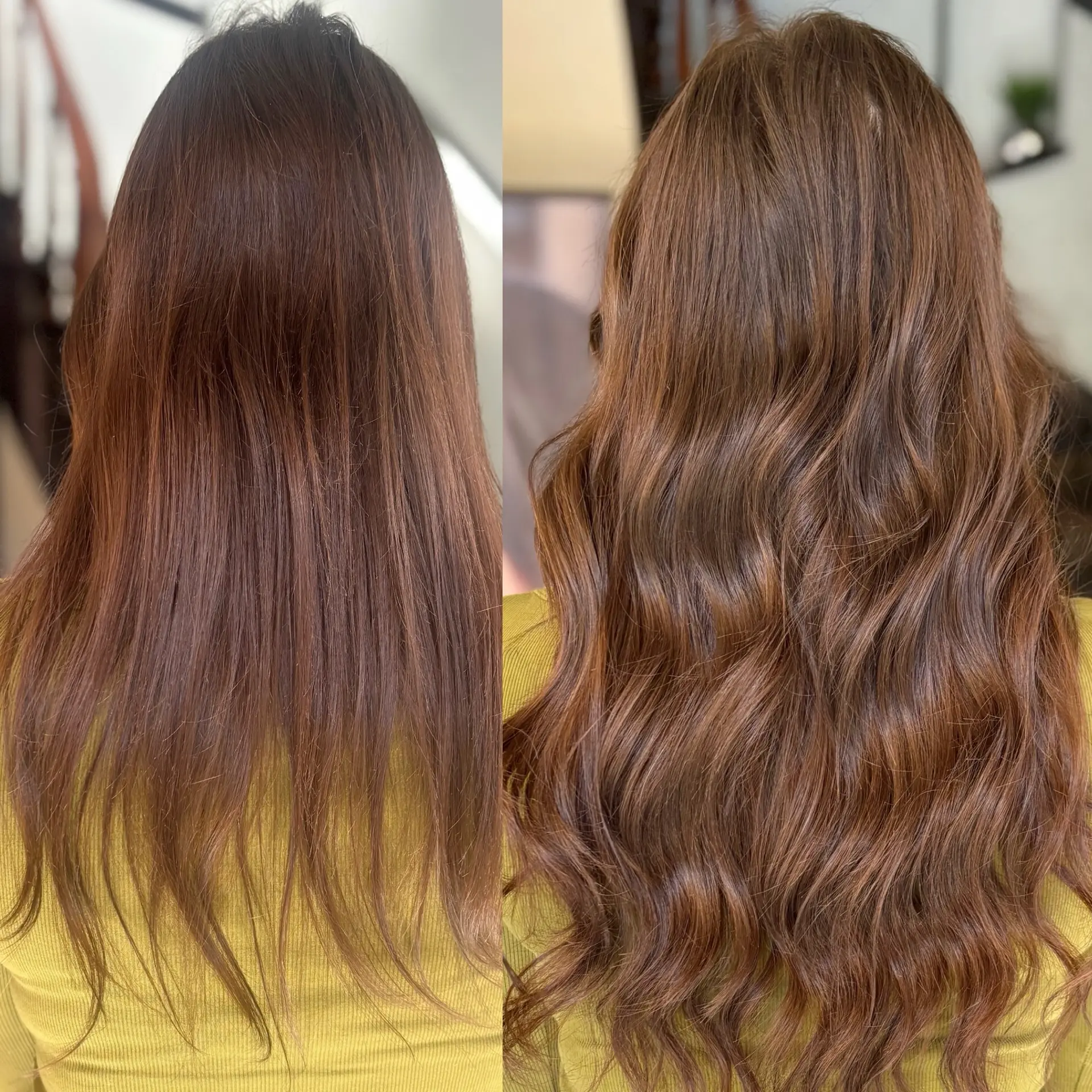 A side-by-side before and after transformation showing fine, straight brunette hair elevated with extensions into rich, voluminous soft waves. 1