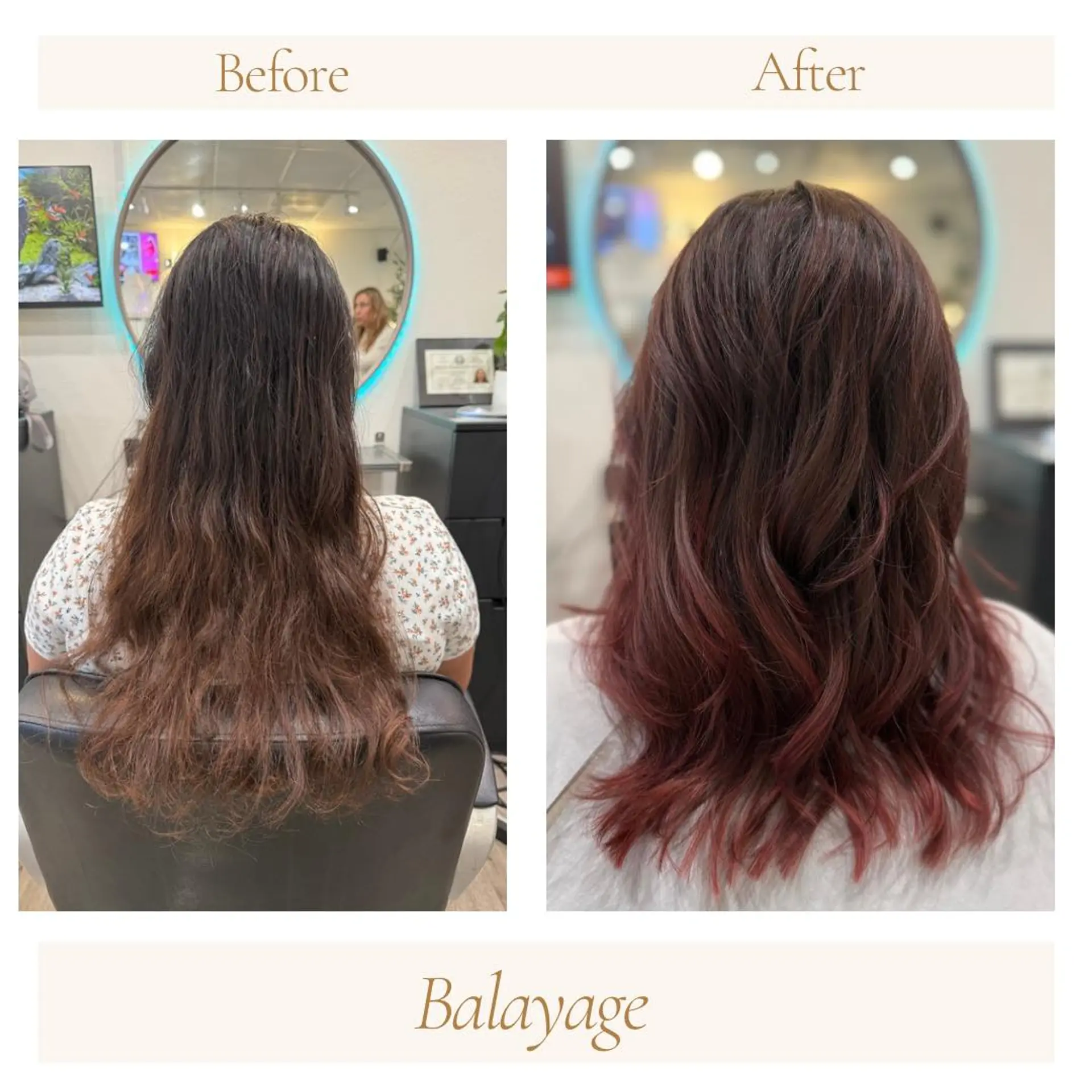 Medium-length textured layered haircut styled in soft waves, featuring a deep brunette base melting into rich burgundy balayage ends. 1