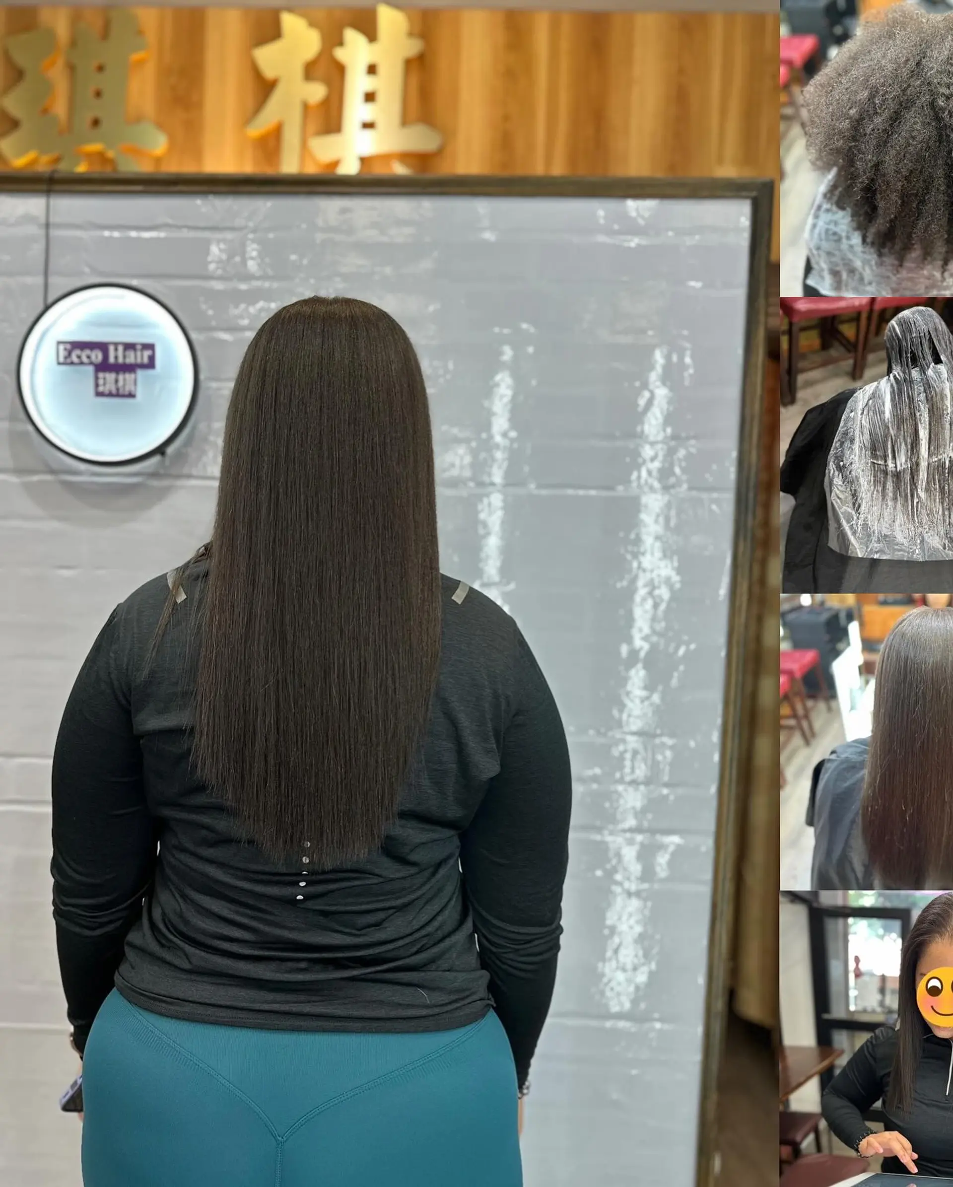 Ultra-sleek, glossy, pin-straight long hair with a smooth, frizz-free finish and a clean tapered hemline. 1