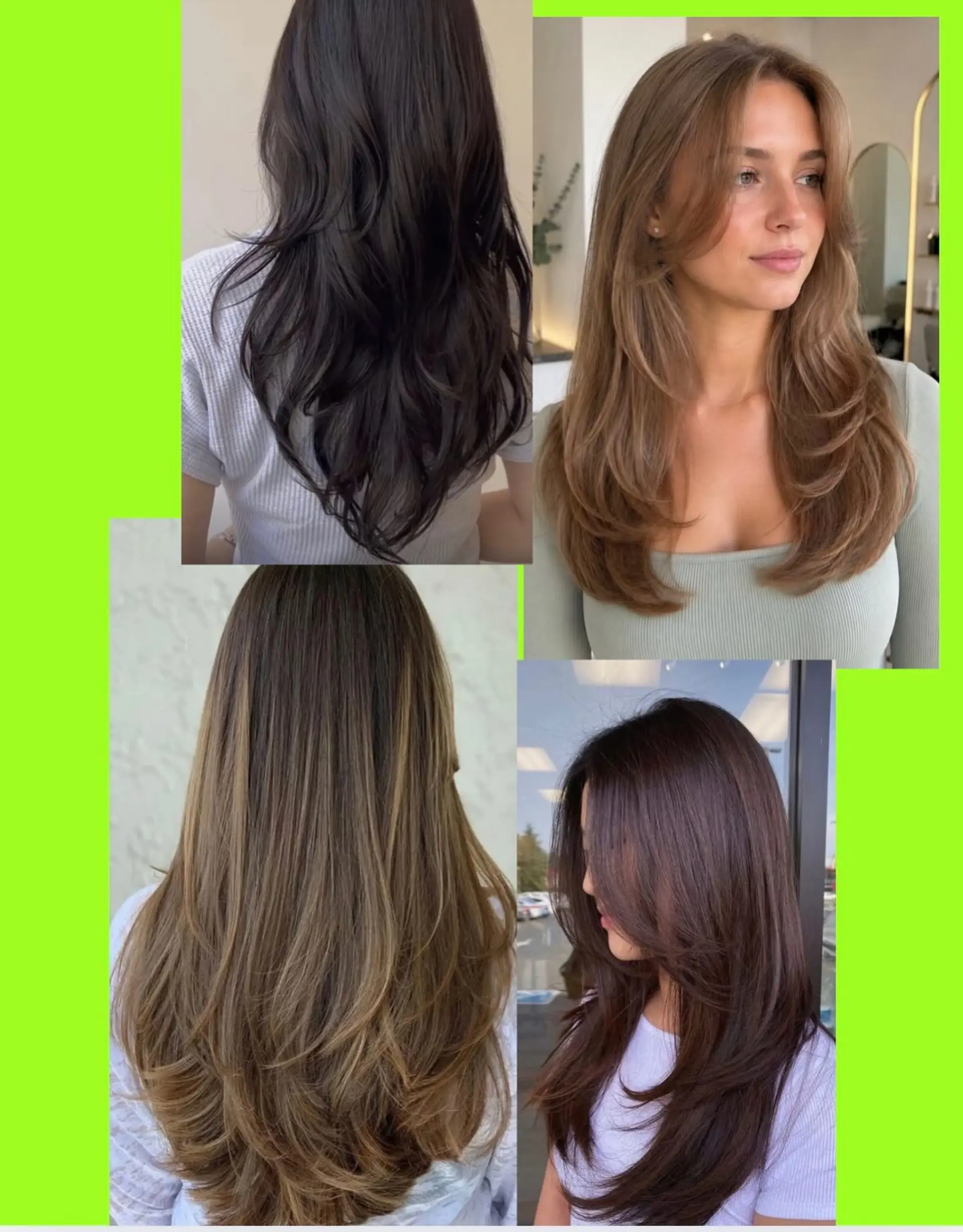 Long hair featuring soft, cascading layers and delicate face-framing pieces styled with a smooth, curved blowout. 1