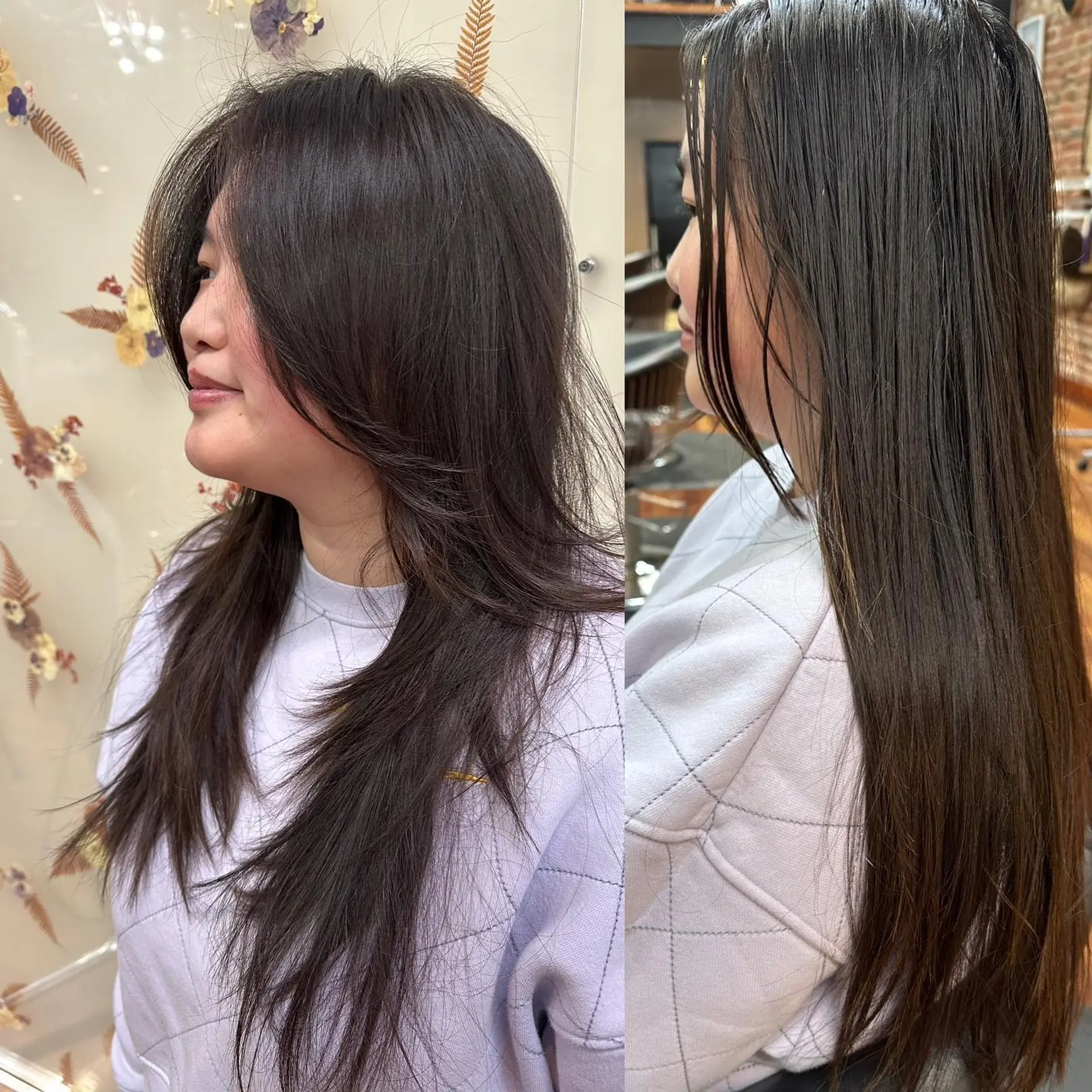 A long textured shag haircut featuring heavy curtain bangs and feathered face-framing layers. 1