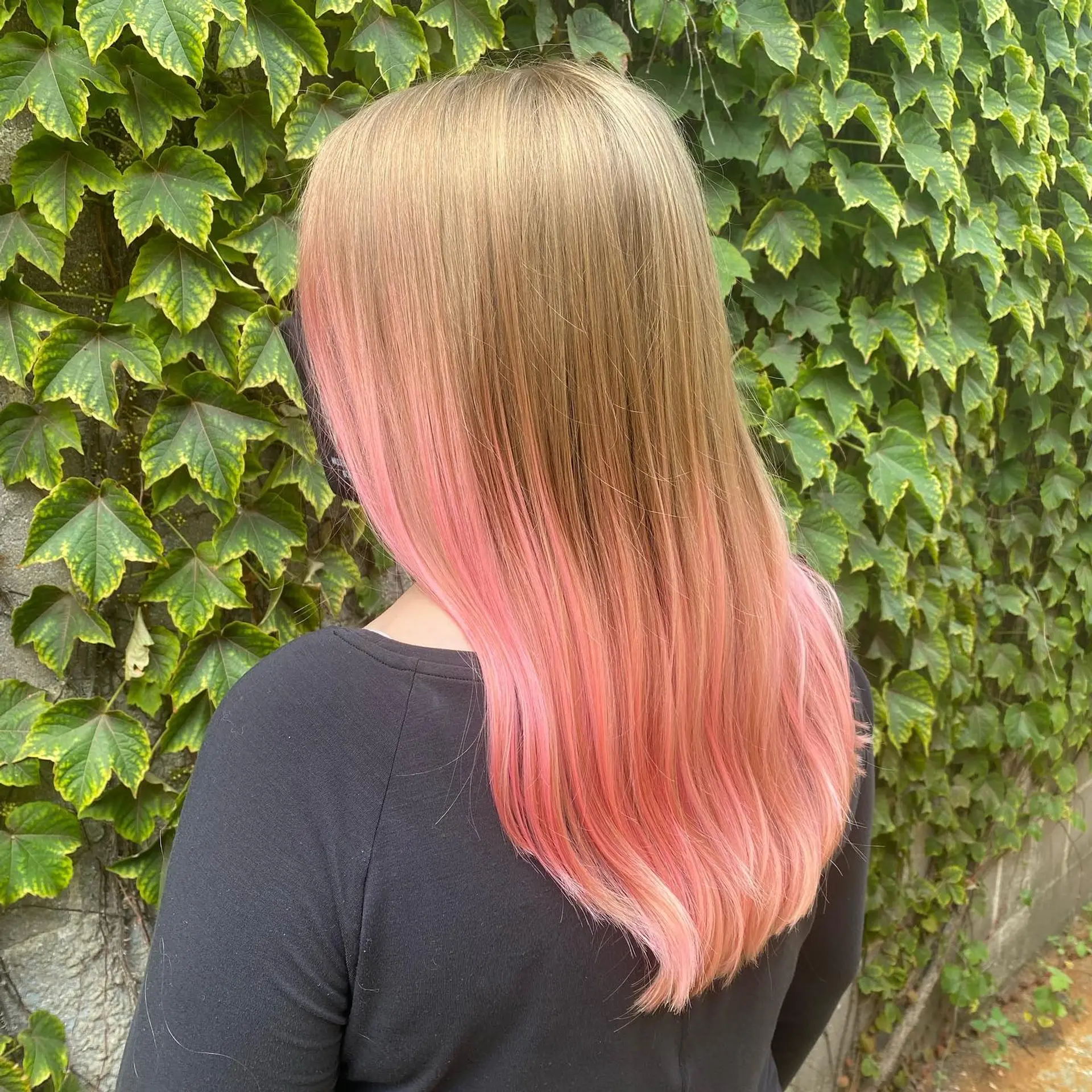 Long, straight hair with a blonde to strawberry pink ombre. 1