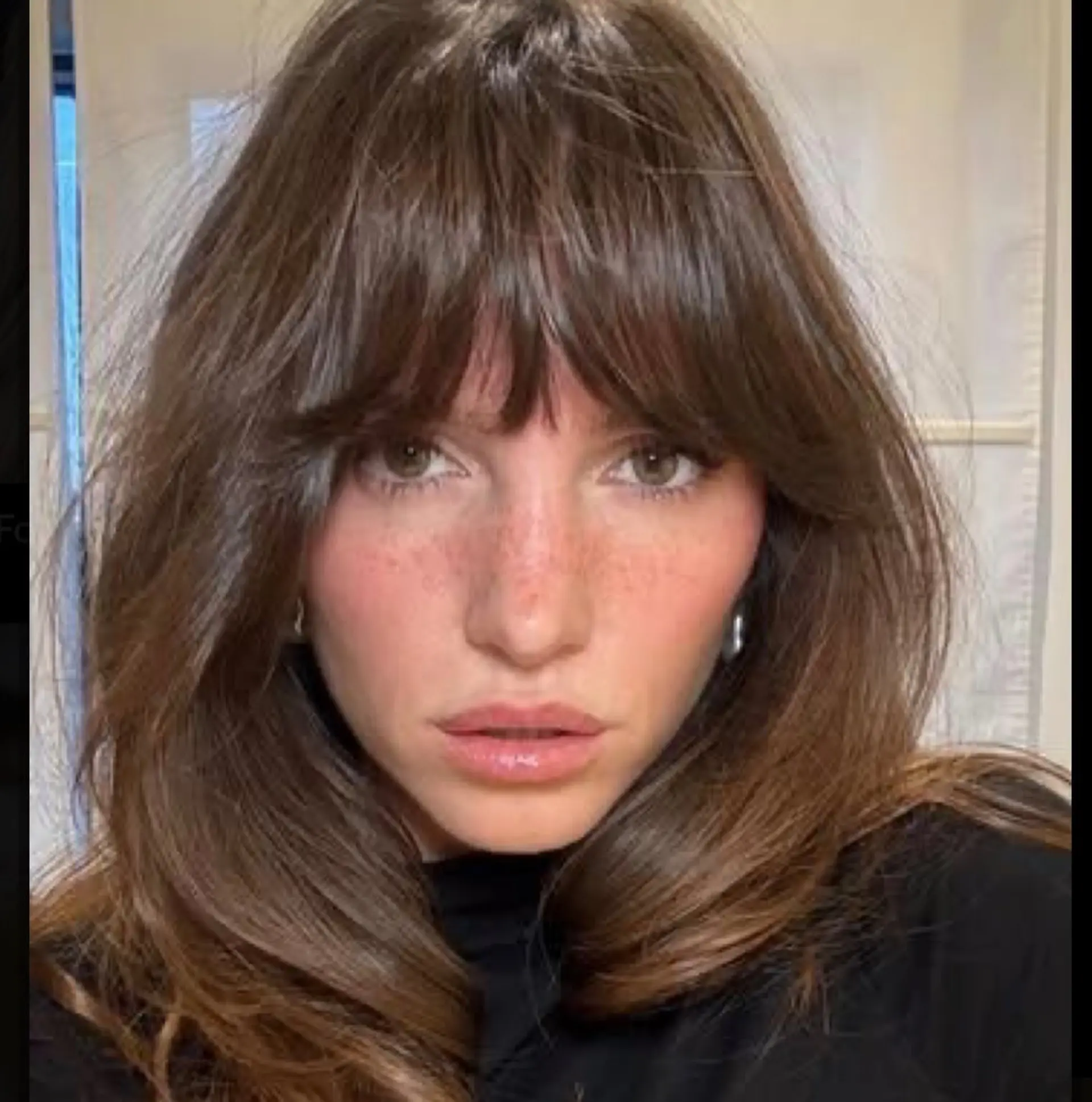 Medium-length brunette hairstyle featuring full, eye-skimming curtain bangs and soft face-framing layers. 1