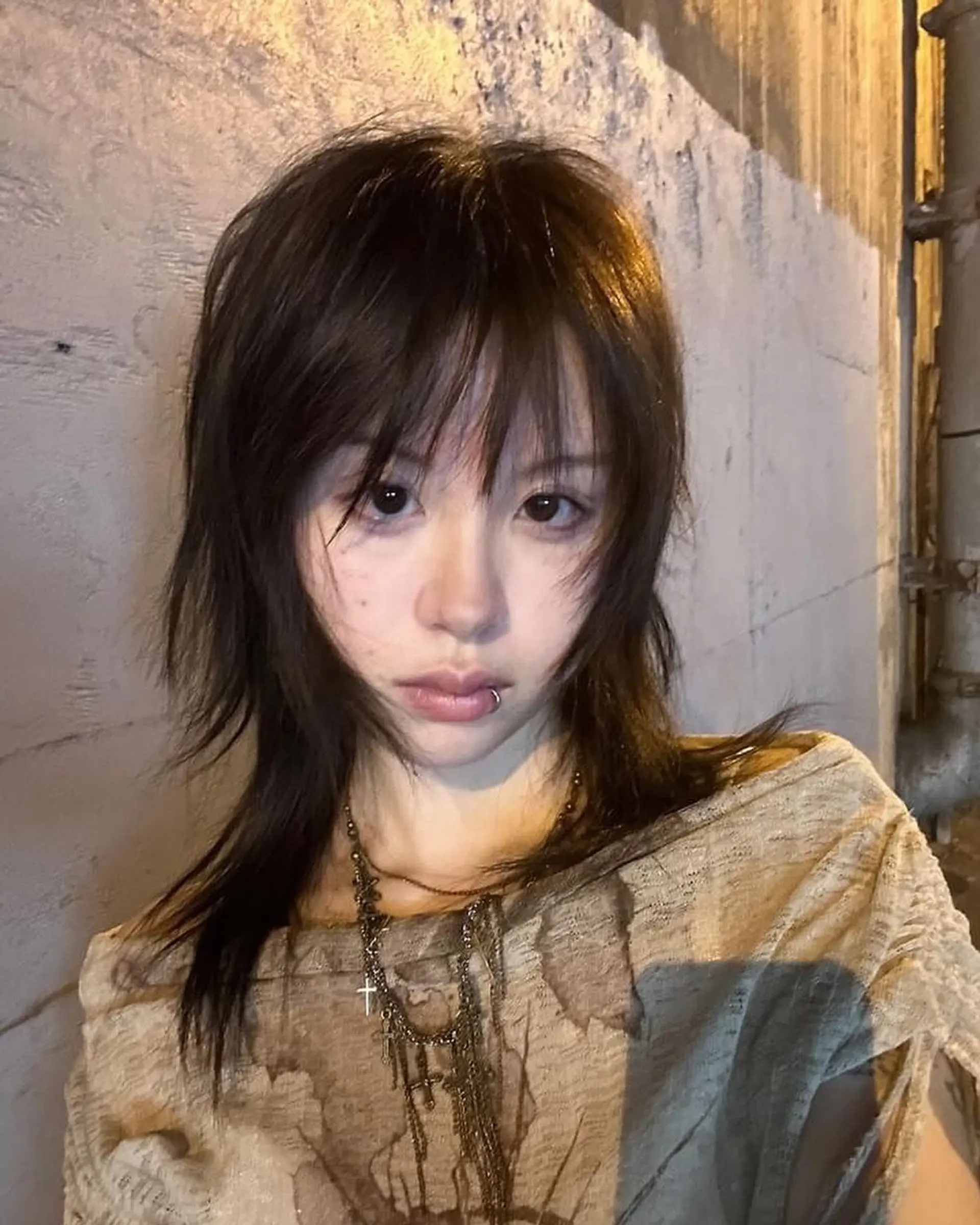 An edgy, medium-length shag cut with dark brown, straight hair. It features layered textures, choppy fringe, and face-framing layers, creating a modern, stylish aesthetic. 1