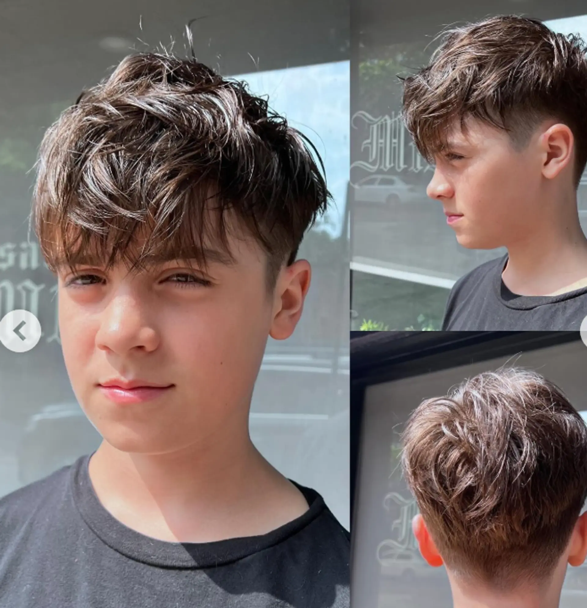 This short haircut features a textured top and a fade on the sides and back. 1