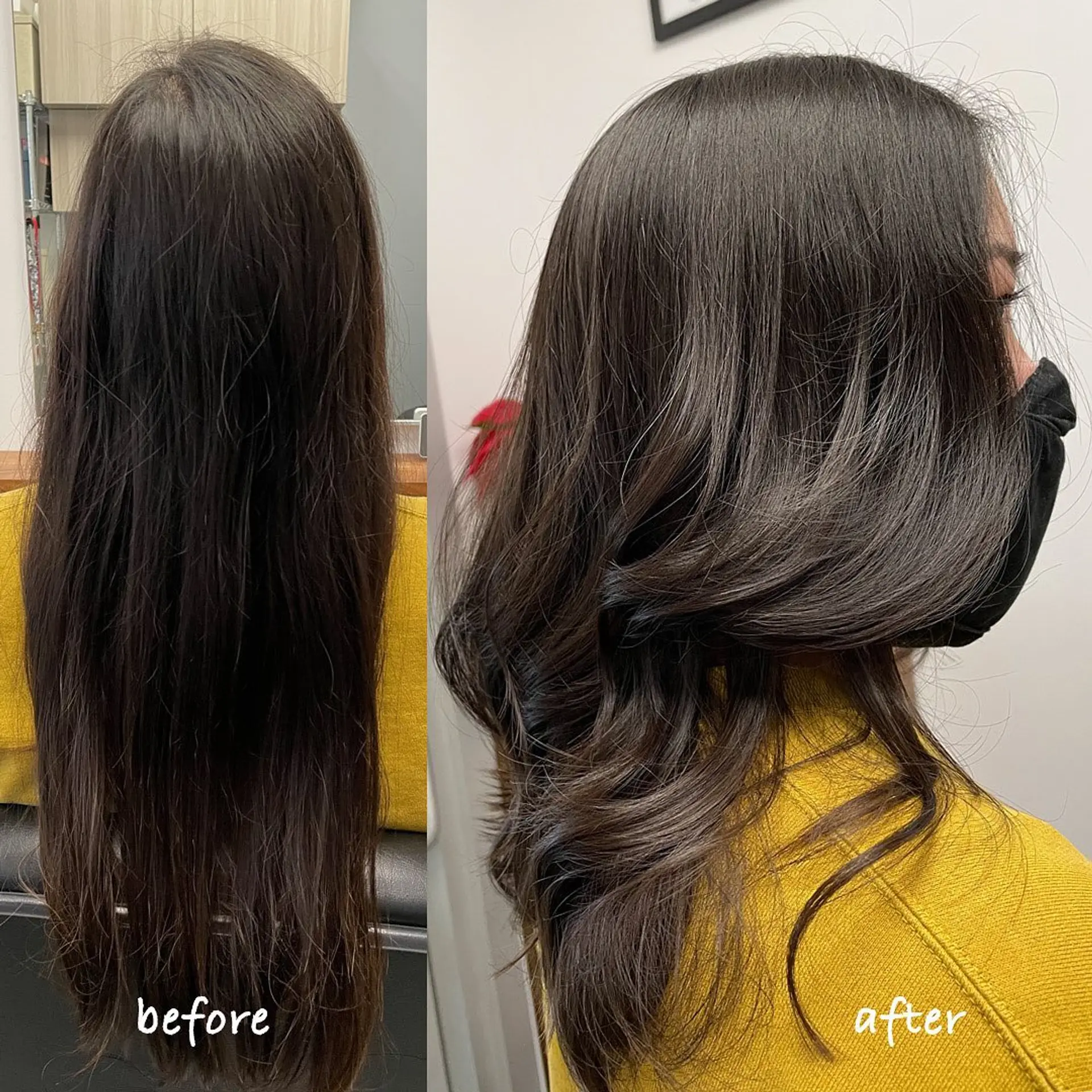 A medium-length layered cut styled with soft face-framing layers and loose, bouncy waves. 1