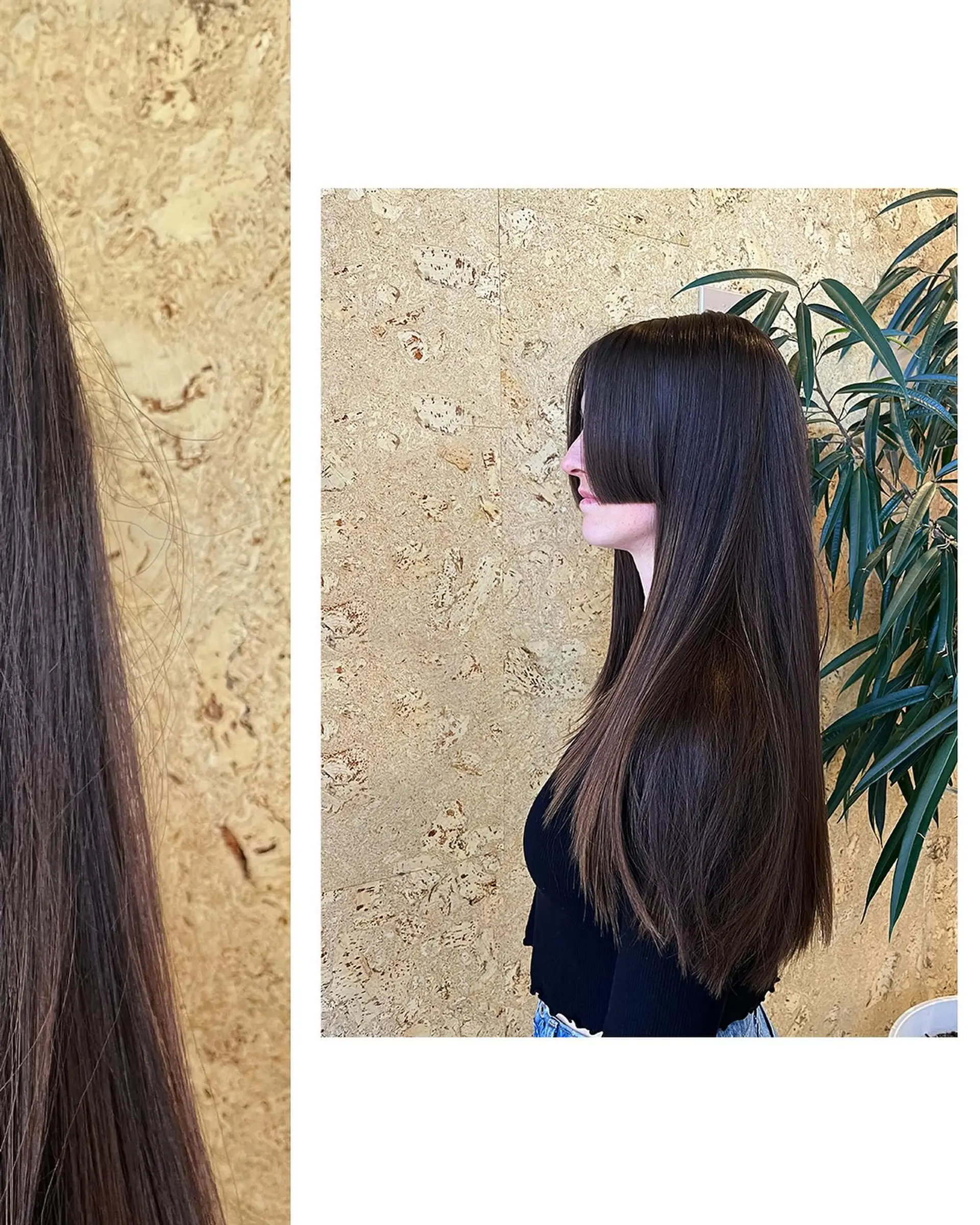 Sleek, long straight dark brown hair featuring a classic Hime cut with sharp cheek-length side locks. 1