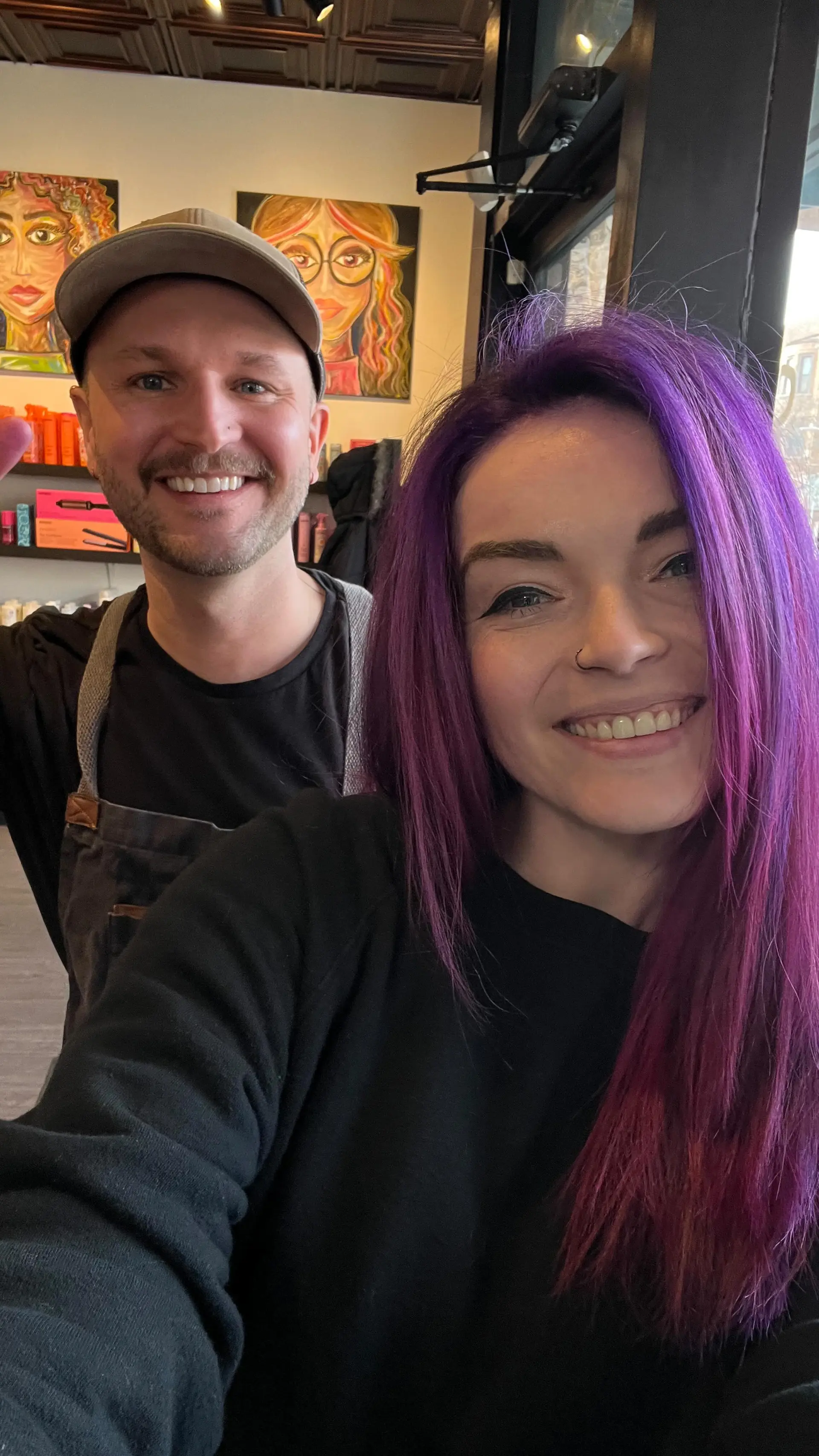 Vibrant purple hair featuring a seamless gradient into magenta ends, styled straight with a side part. 1