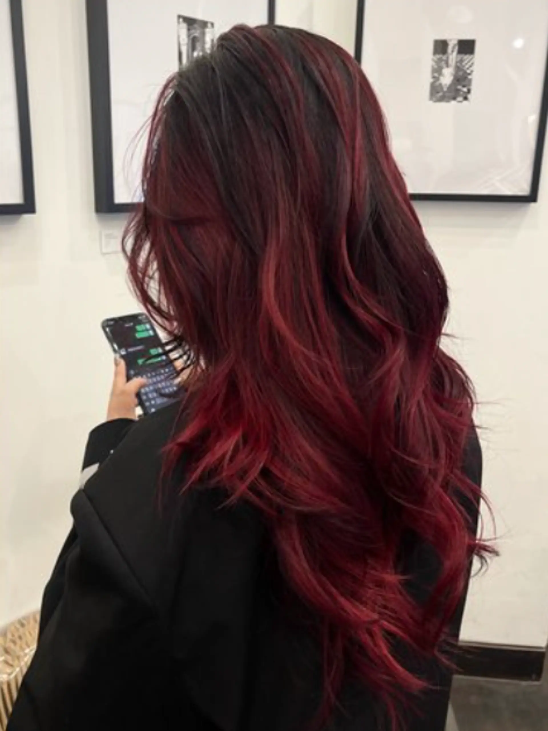 Long, wavy hair with black and burgundy tones, featuring balayage highlights and layered loose waves.

(NonstopStyle: by Vincent) 1