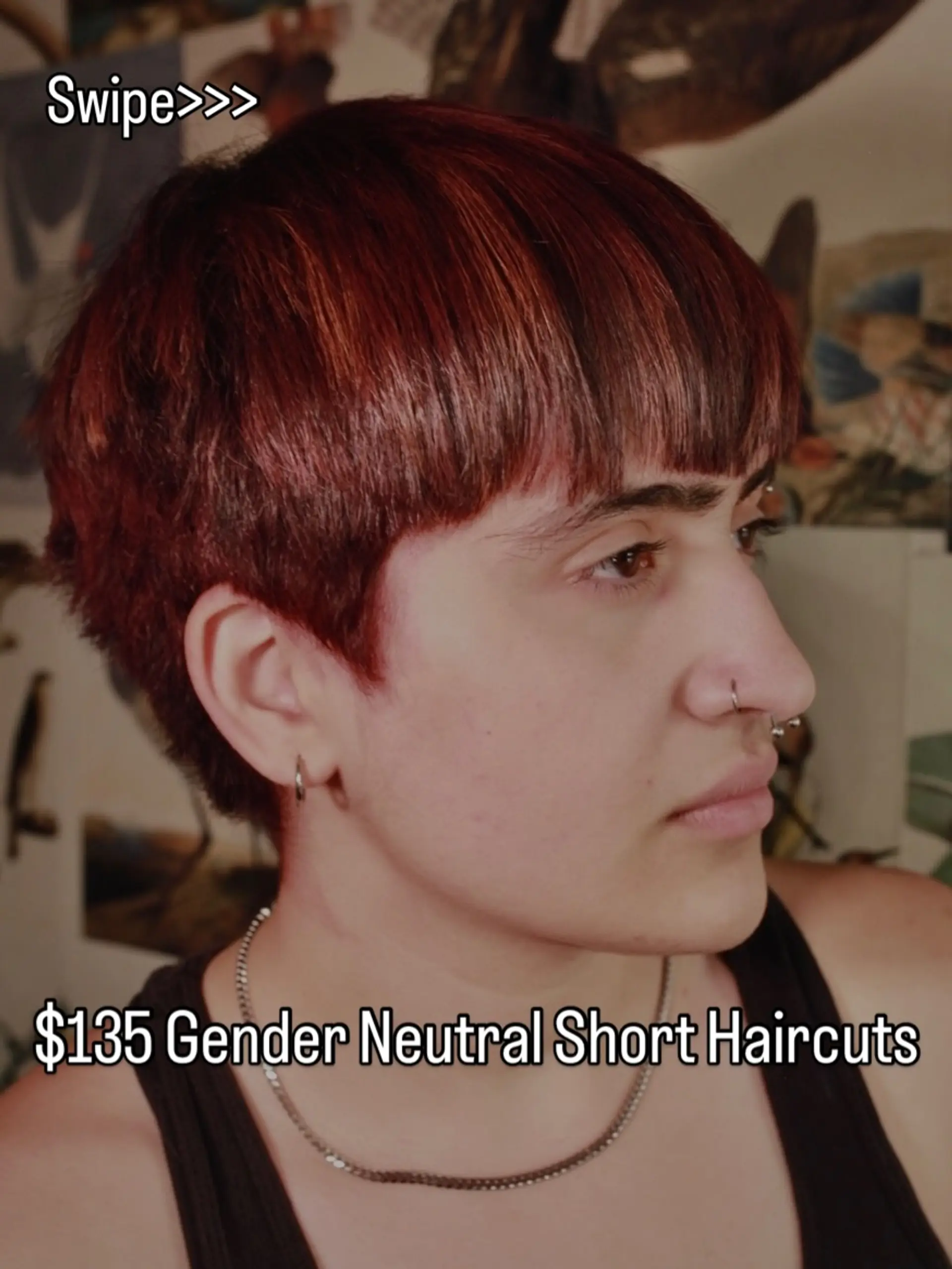 A short textured crop haircut featuring blunt micro-bangs and subtle tapering around the ears, finished in a warm auburn hue. 1