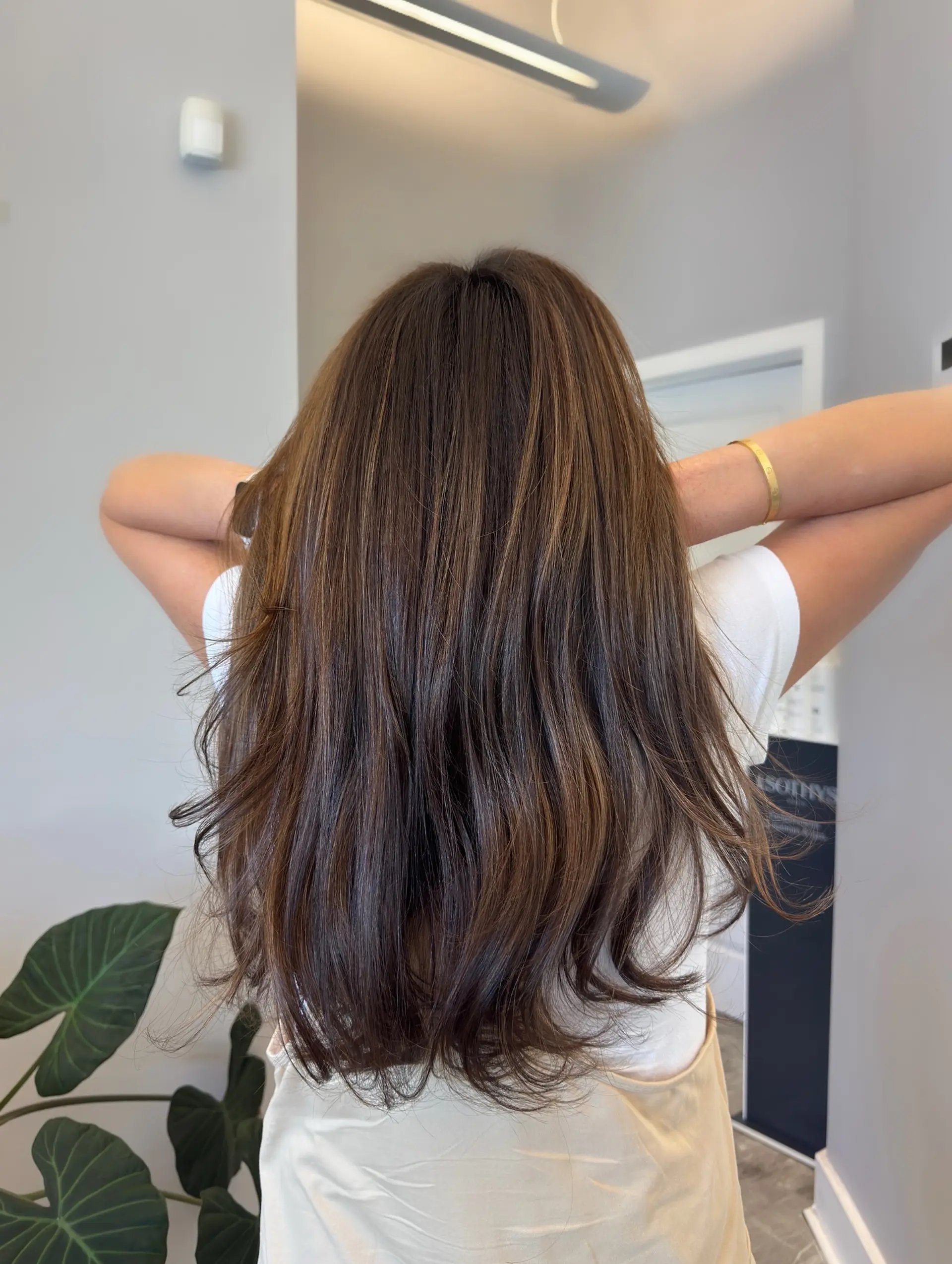 Long straight hair with bronde highlights and subtle layers. 1