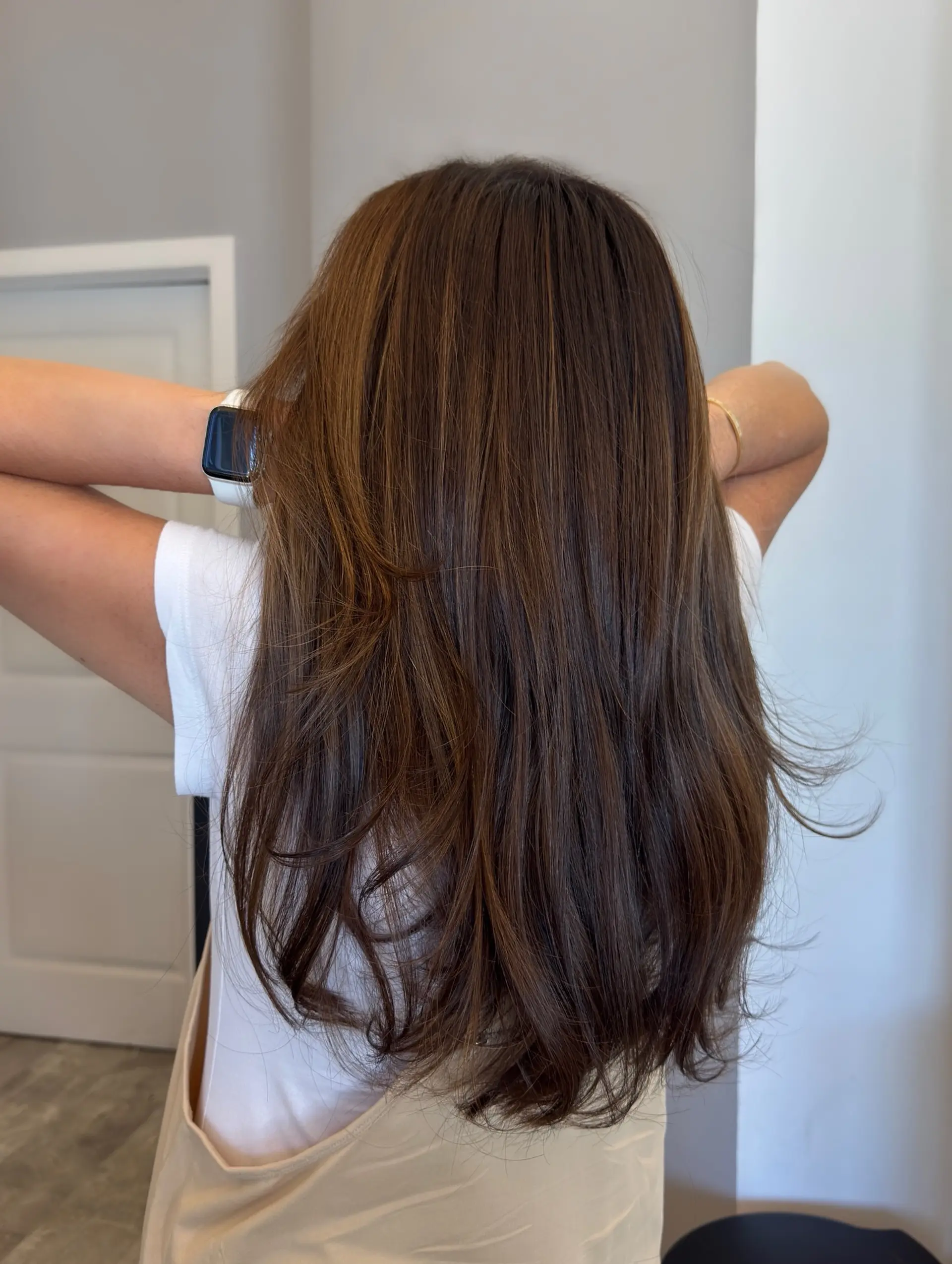 Long straight hair with bronde highlights and subtle layers. 2