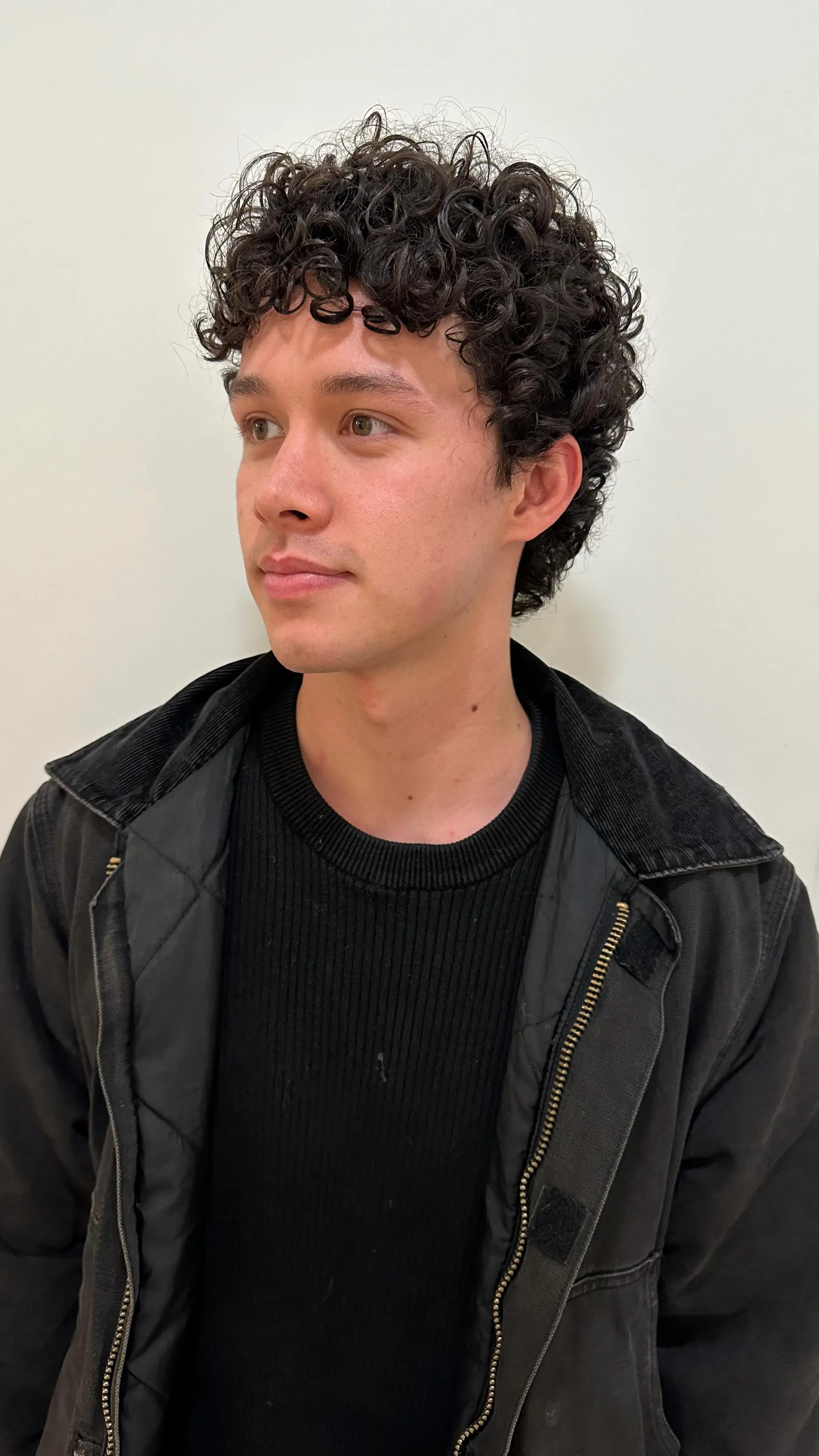 A short, textured curly haircut with natural volume on top and curly fringe framing the forehead. 1