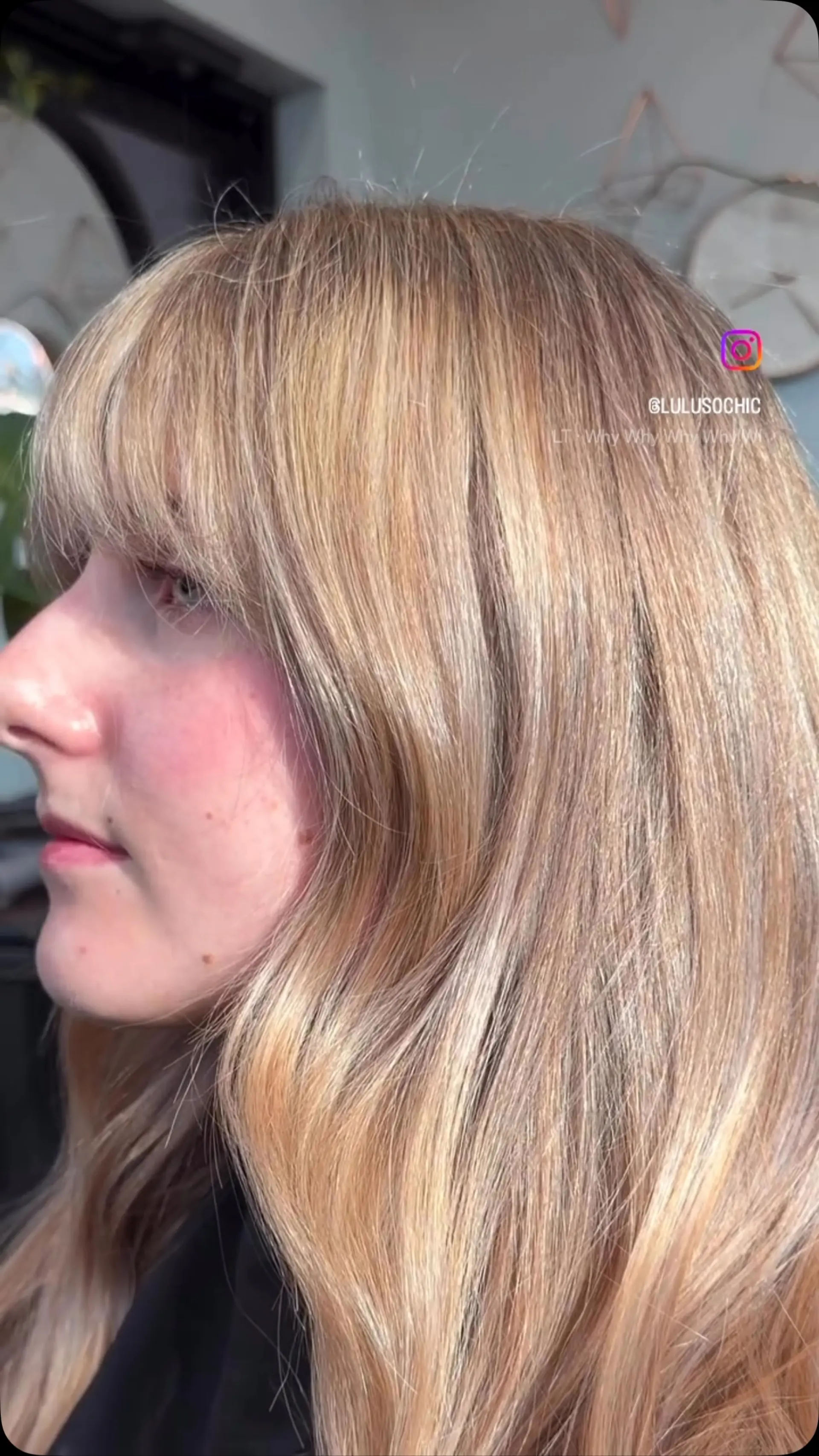 Dimensional golden blonde hair cut with full front fringe bangs and subtle, soft waves. 1