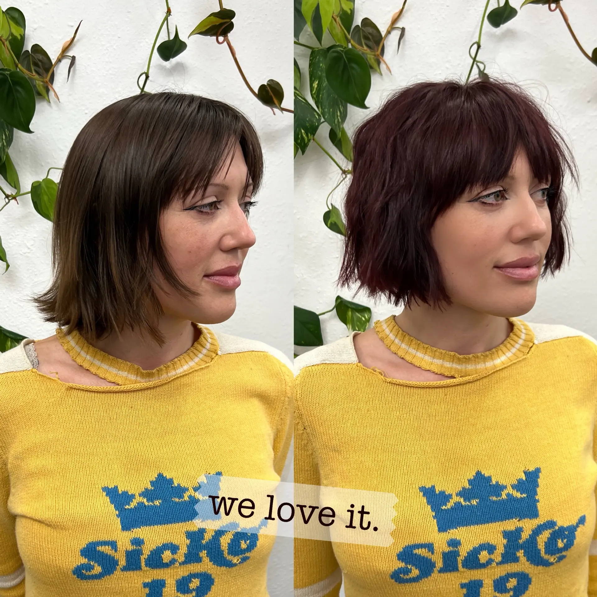 A before-and-after transformation showcasing a short French bob with textured layers, full fringe bangs, and a deep burgundy color update. 1