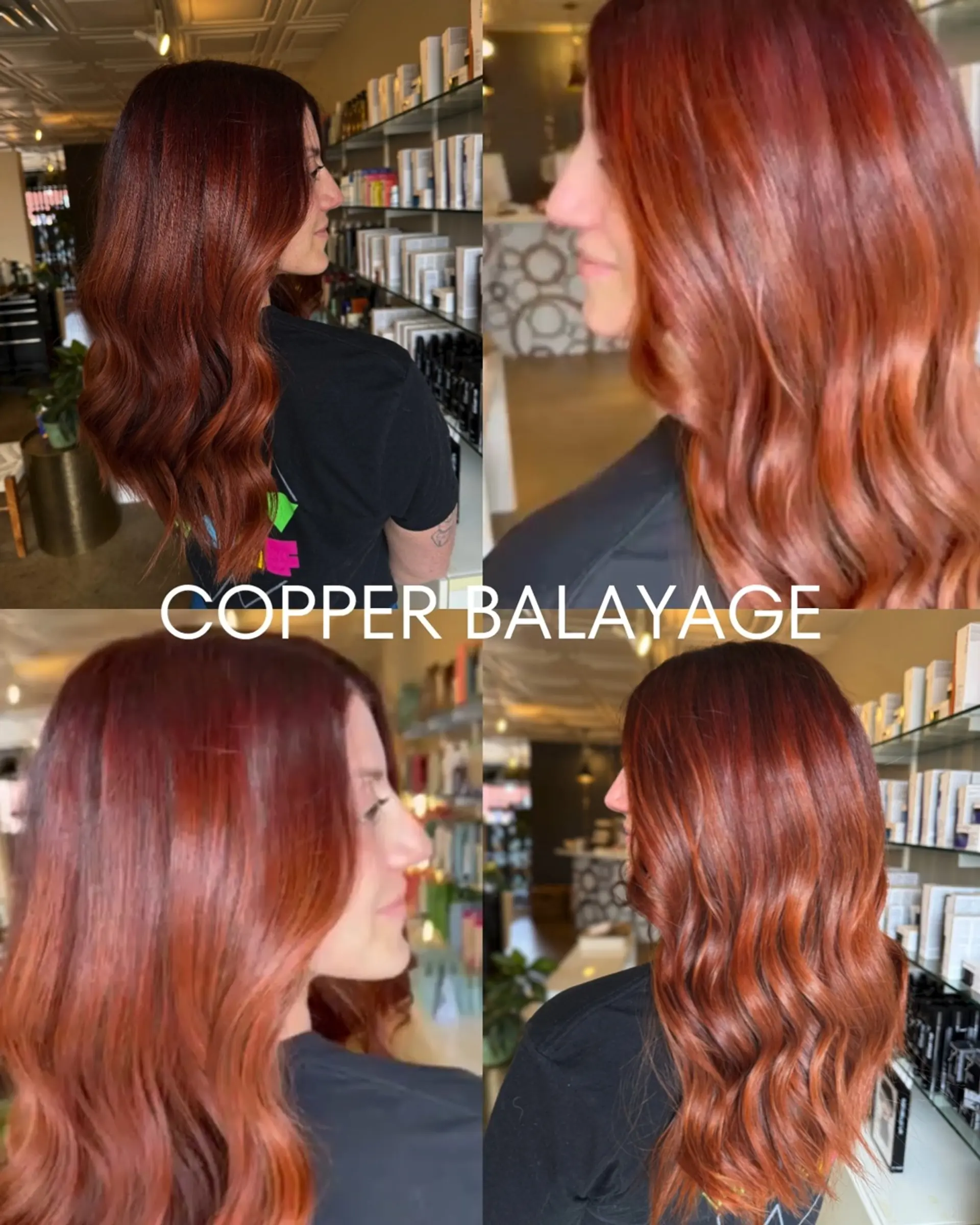 Vibrant dimensional copper balayage styled into glossy, loose waves. 1