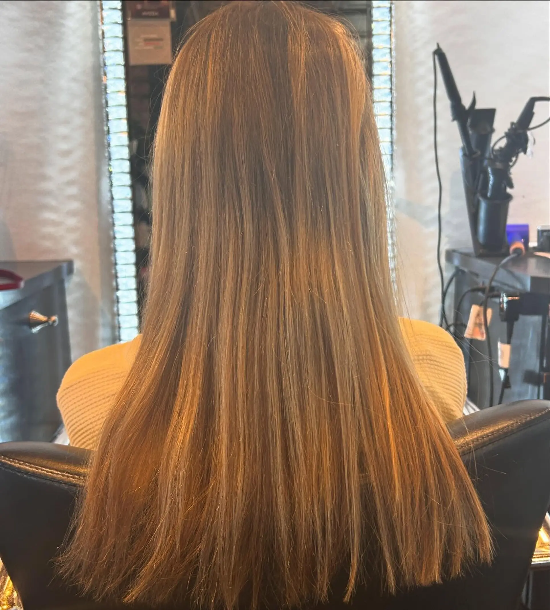 Smooth, long hair styled straight down with blended honey-blonde balayage highlights and clean trimmed ends. 1